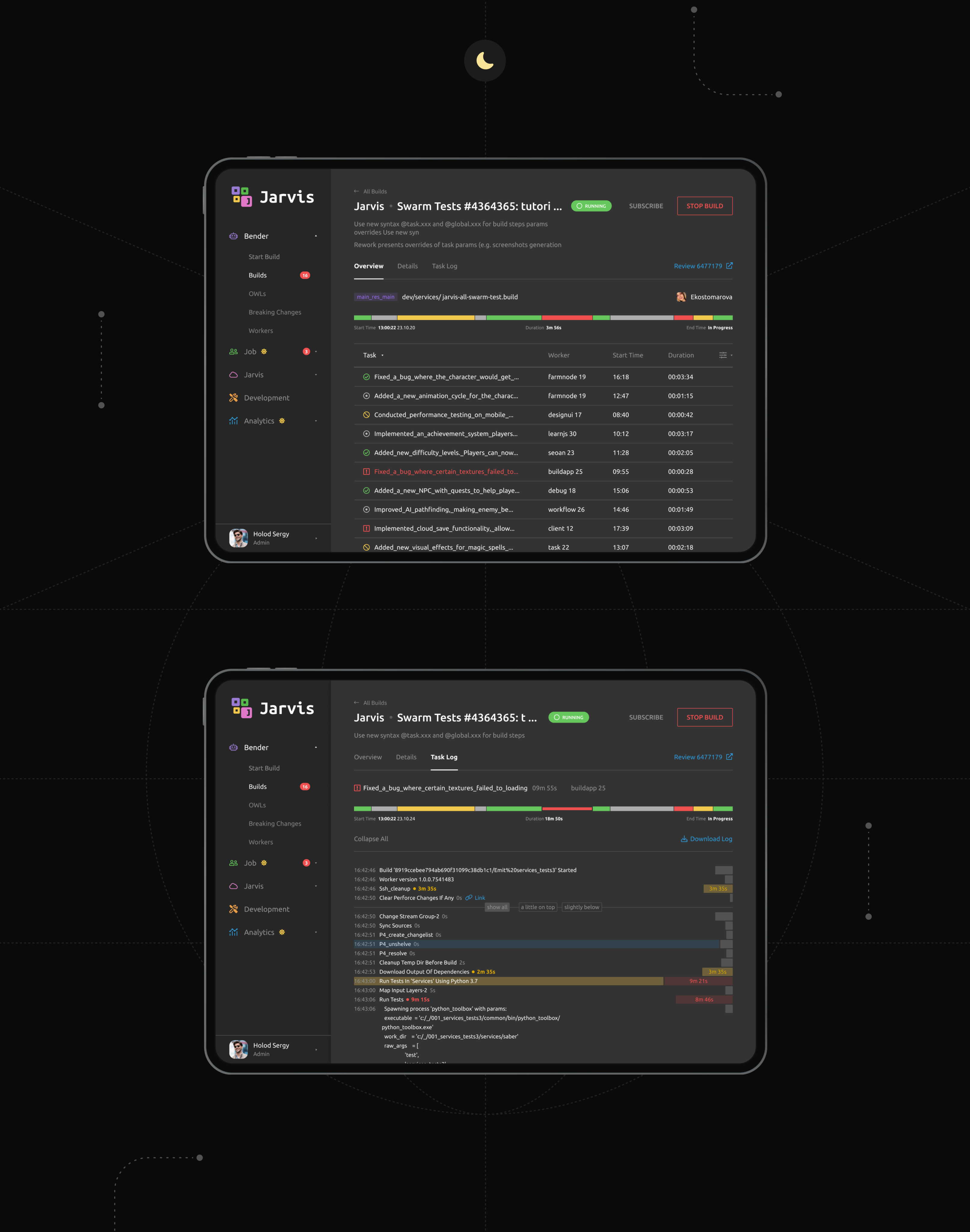 На экране отображаются списки билдов и стадии его отработки с возможностью детального просмотра и отслеживания проблемных мест Изображение