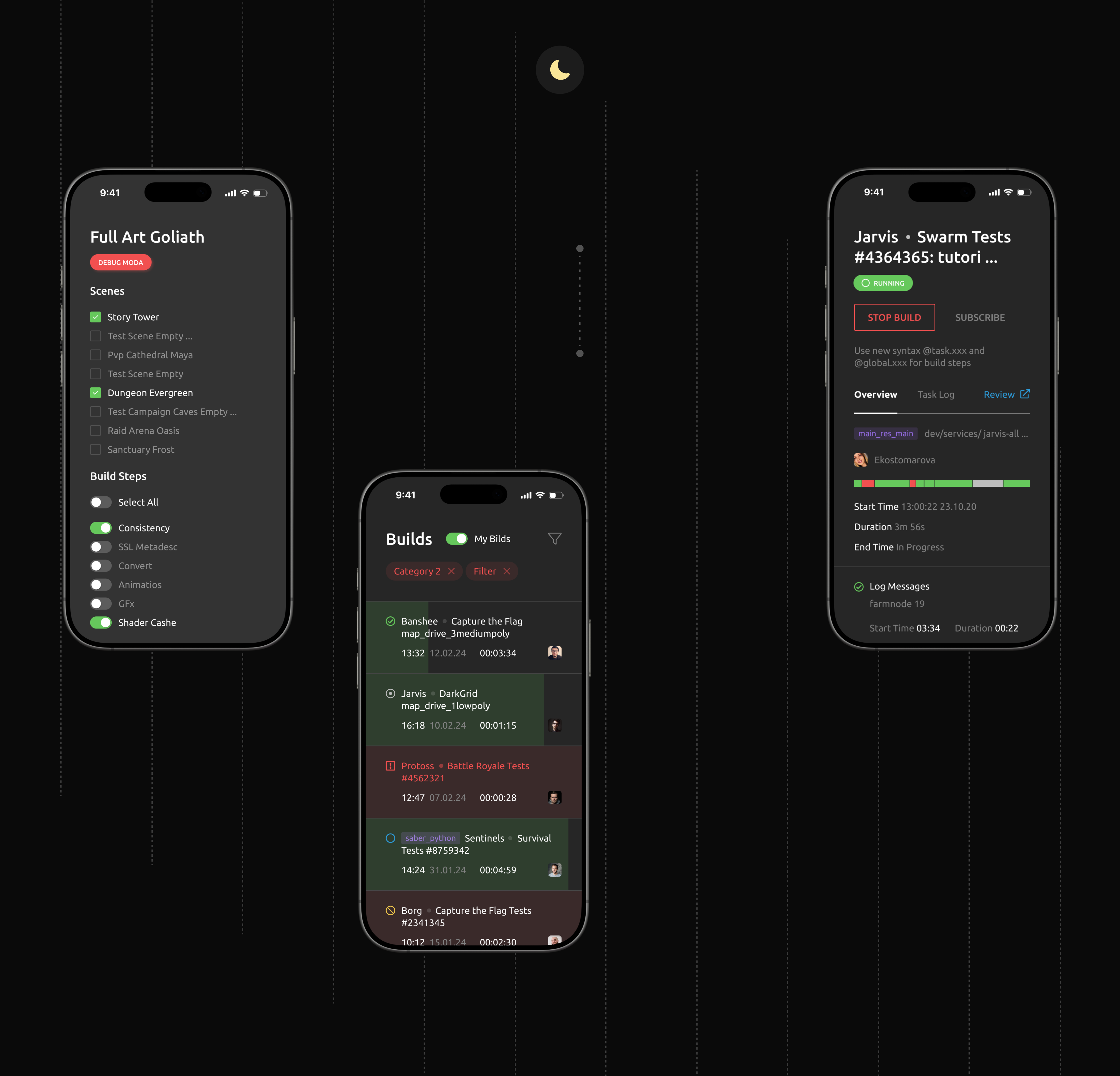На экране отображаются списки билдов и стадии его отработки с возможностью детального просмотра и отслеживания проблемных мест Изображение