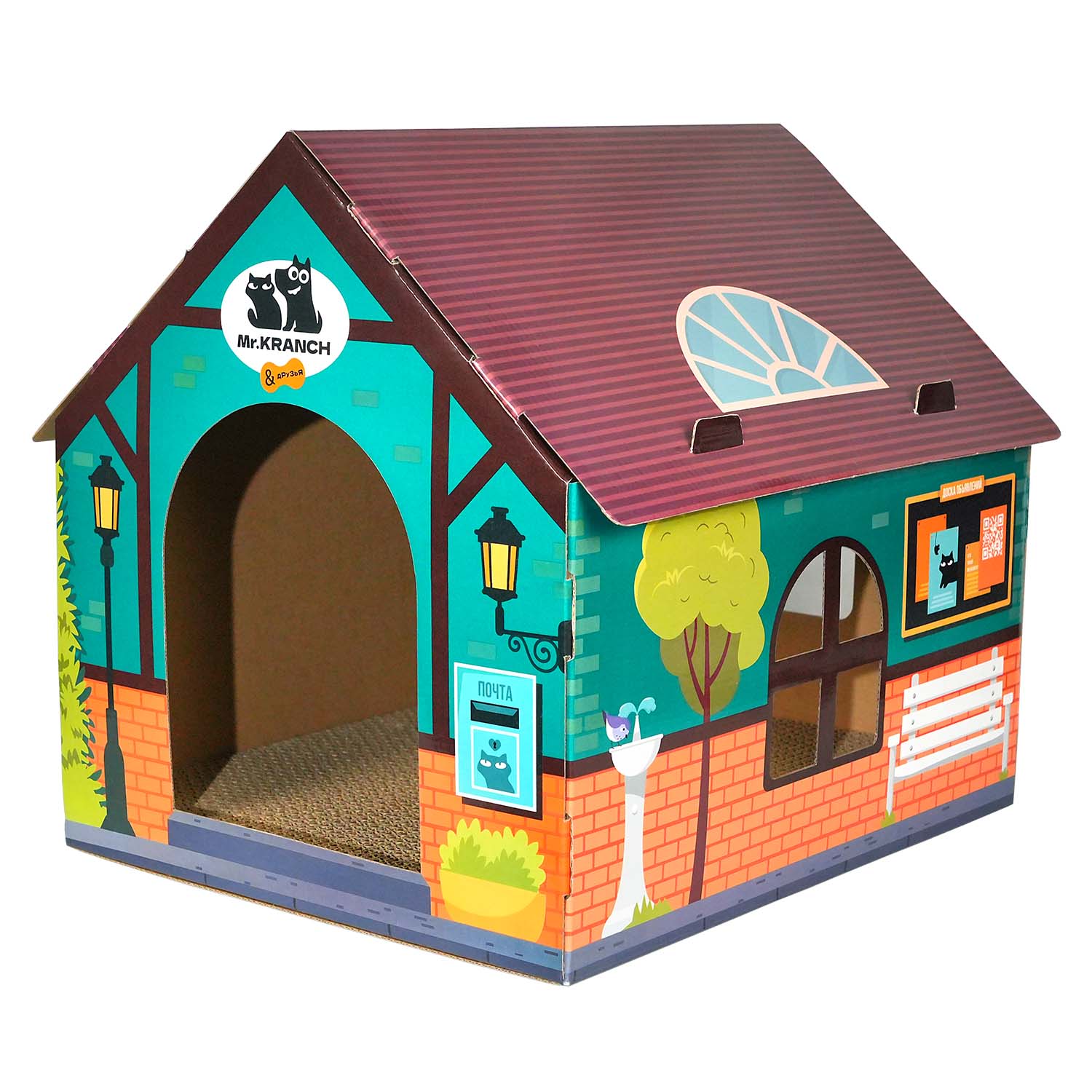 Когтеточка-домик Mr.Kranch для кошек 41.5х39.4х38.5 см из картона с кошачьей мятой зелёная