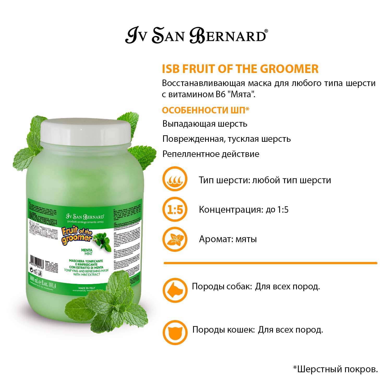 ISB Fruit of the Groomer Mint Восстанавливающая маска для любого типа шерсти с витамином В6 3 л