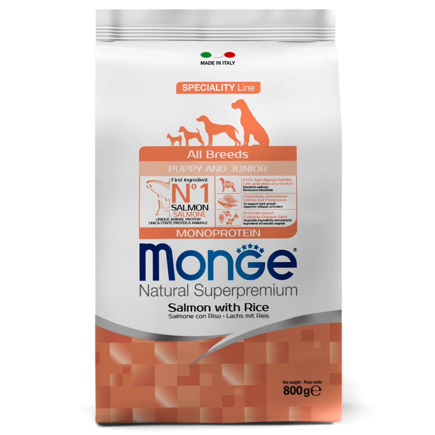 Сухой корм Monge Dog Speciality Line Puppy&Junior корм для щенков всех пород, из лосося с рисом 800 г