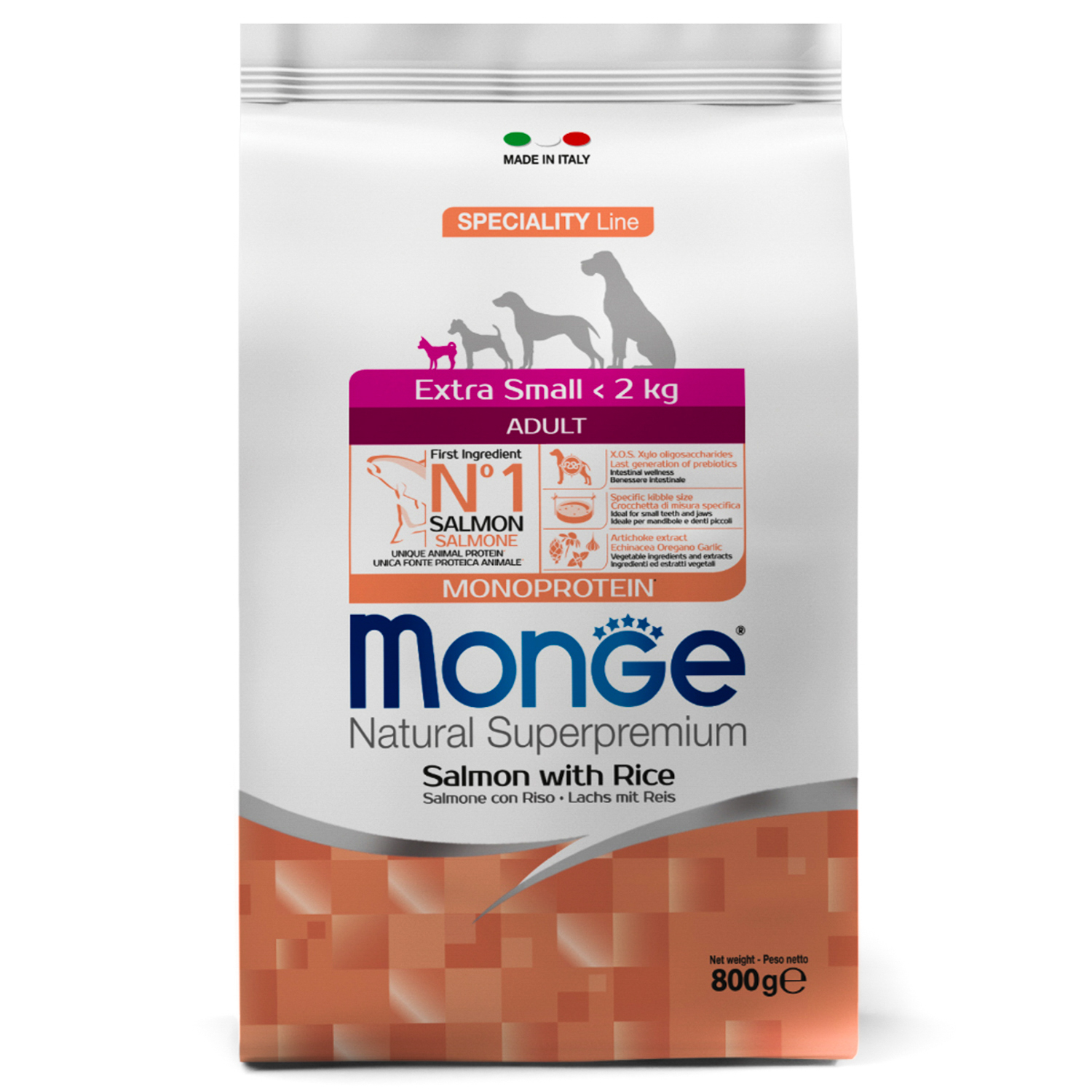Сухой корм Monge Dog Speciality Line Monoprotein Extra Small для взрослых собак миниатюрных пород, с лососем и рисом 800 г