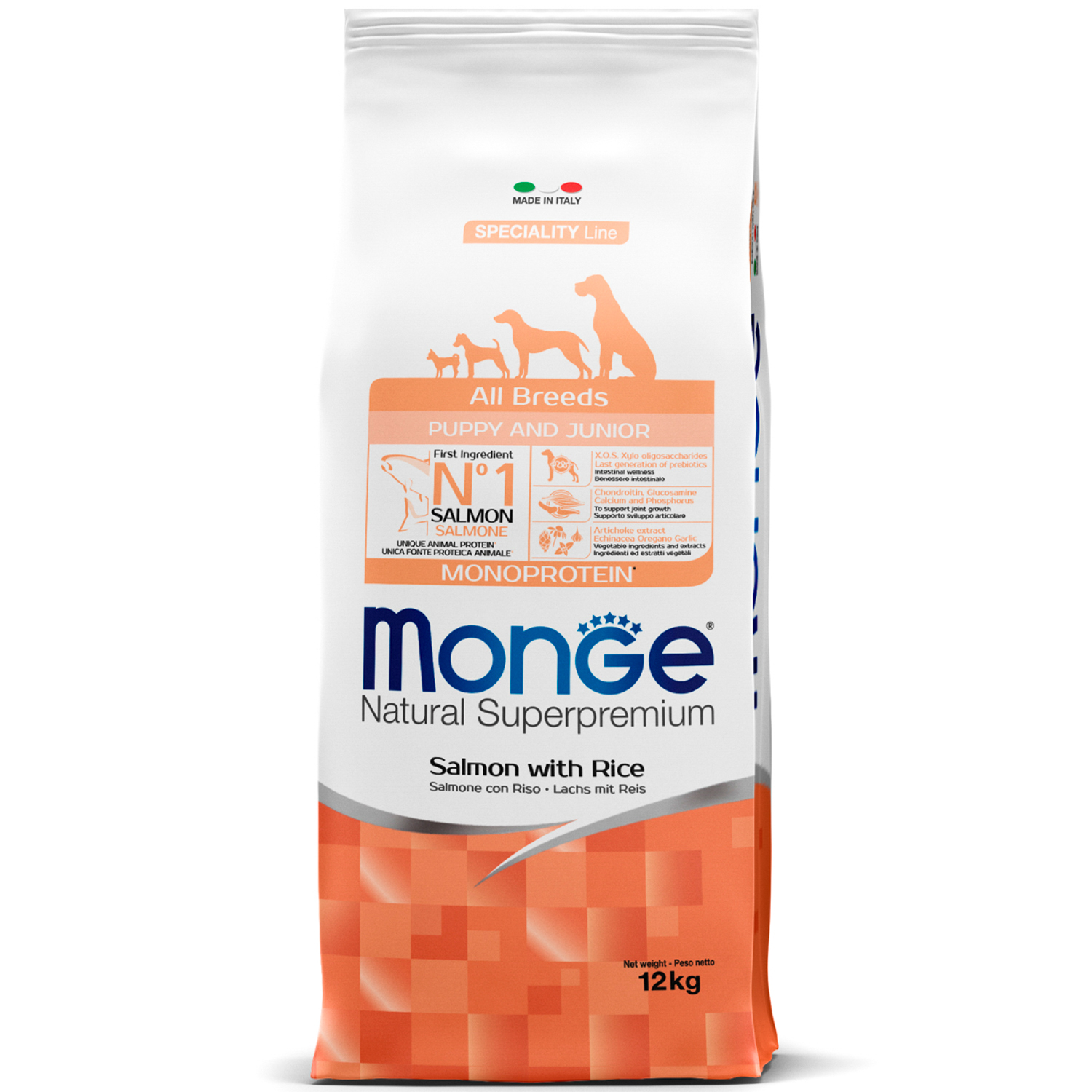 Сухой корм Monge Dog Speciality Line Monoprotein Puppy&Junior корм для щенков всех пород, из лосося с рисом 12 кг