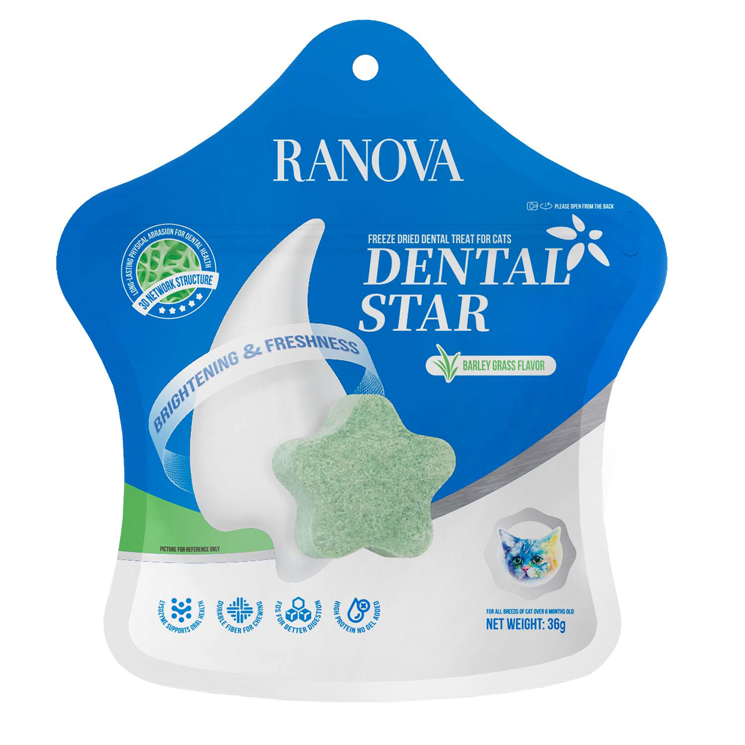 Лакомство Ranova для кошек сублимированное Звёздочка для зубов с курицей и ячменем, 36 г