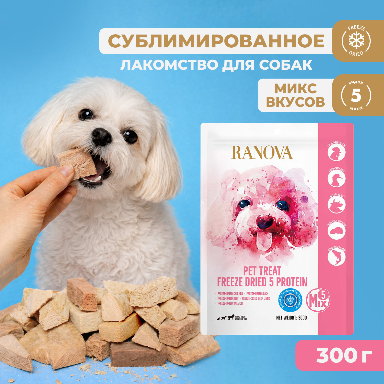 Лакомство Ranova для собак сублимированное Мясное ассорти:  куриная грудка, утиная грудка, говядина, говяжья печень, лосось, 300 г