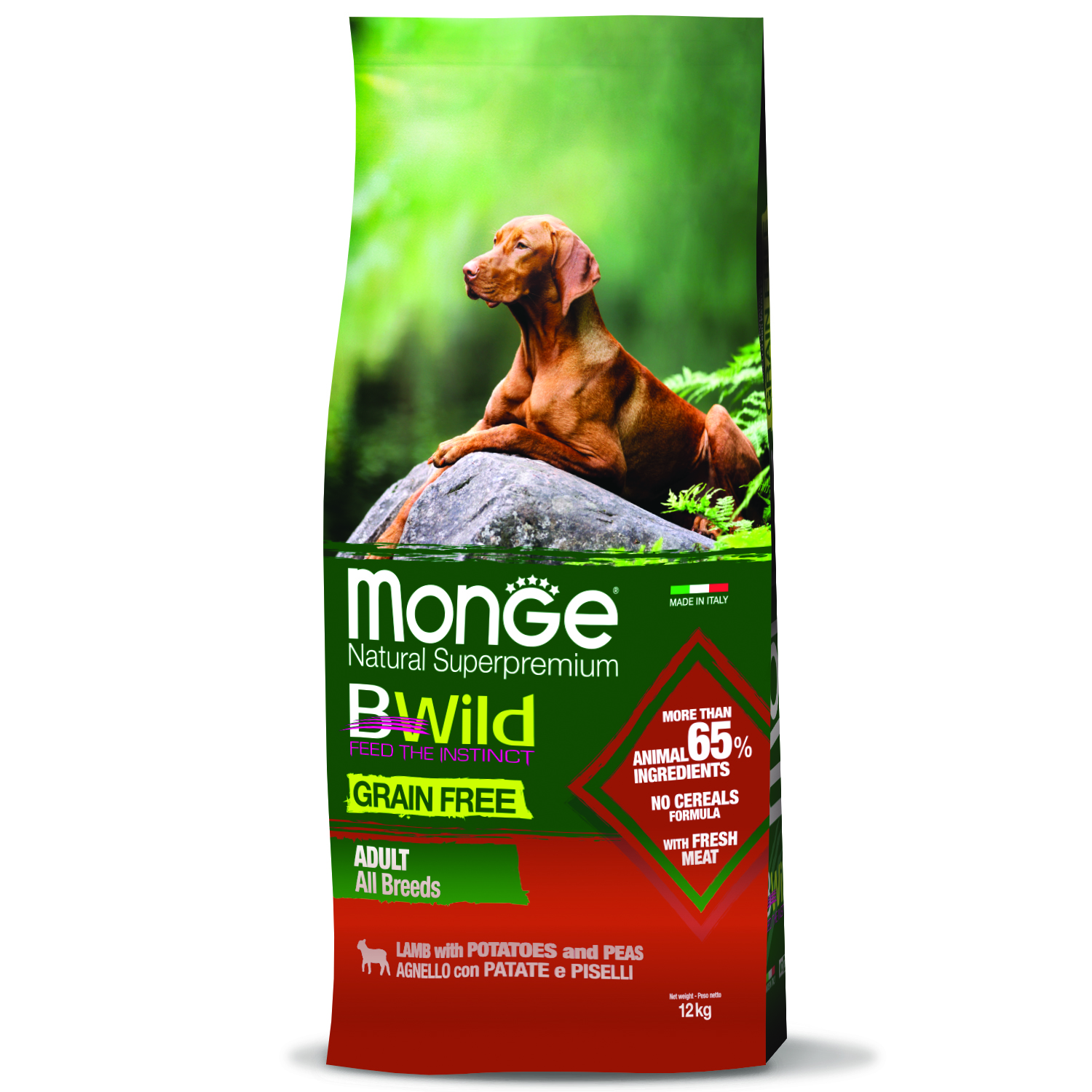 Сухой корм Monge Dog BWild GRAIN FREE для взрослых собак всех пород, беззерновой, из ягненка с картофелем и горохом 12 кг
