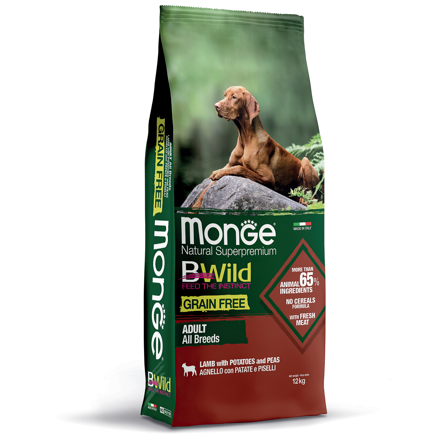 Сухой корм Monge Dog BWild GRAIN FREE для взрослых собак всех пород, беззерновой, из ягненка с картофелем и горохом 12 кг