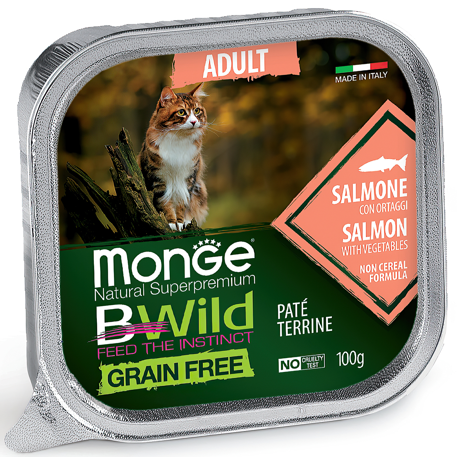 Влажный корм Monge Cat BWild GRAIN FREE для кошек, беззерновой, из лосося с овощами, консервы 100 г