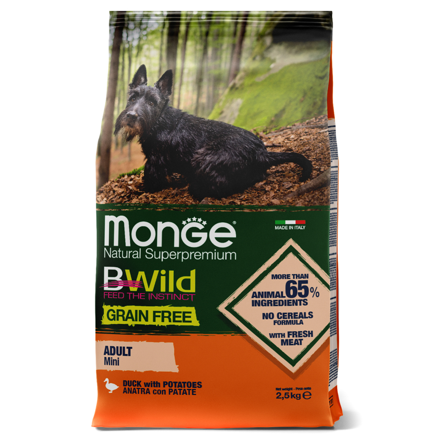 Купить Сухой корм Monge Dog BWild GRAIN FREE Mini корм для взрослых собак  мелких пород, беззерновой, из утки с картофелем 2,5 кг в интернет-магазине  Monge