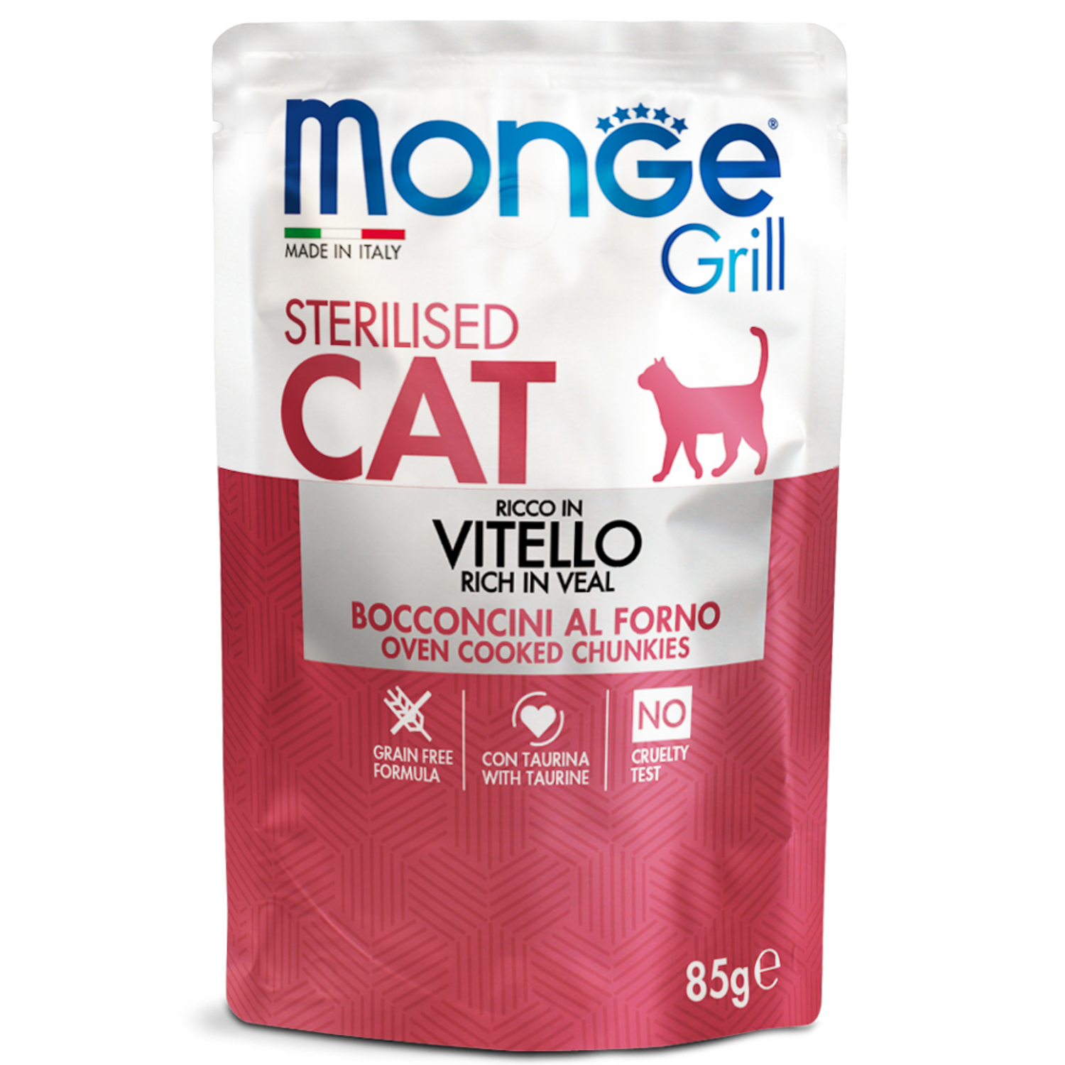 Влажный корм Monge Cat Grill для стерилизованных кошек, с телятиной, паучи 85 г