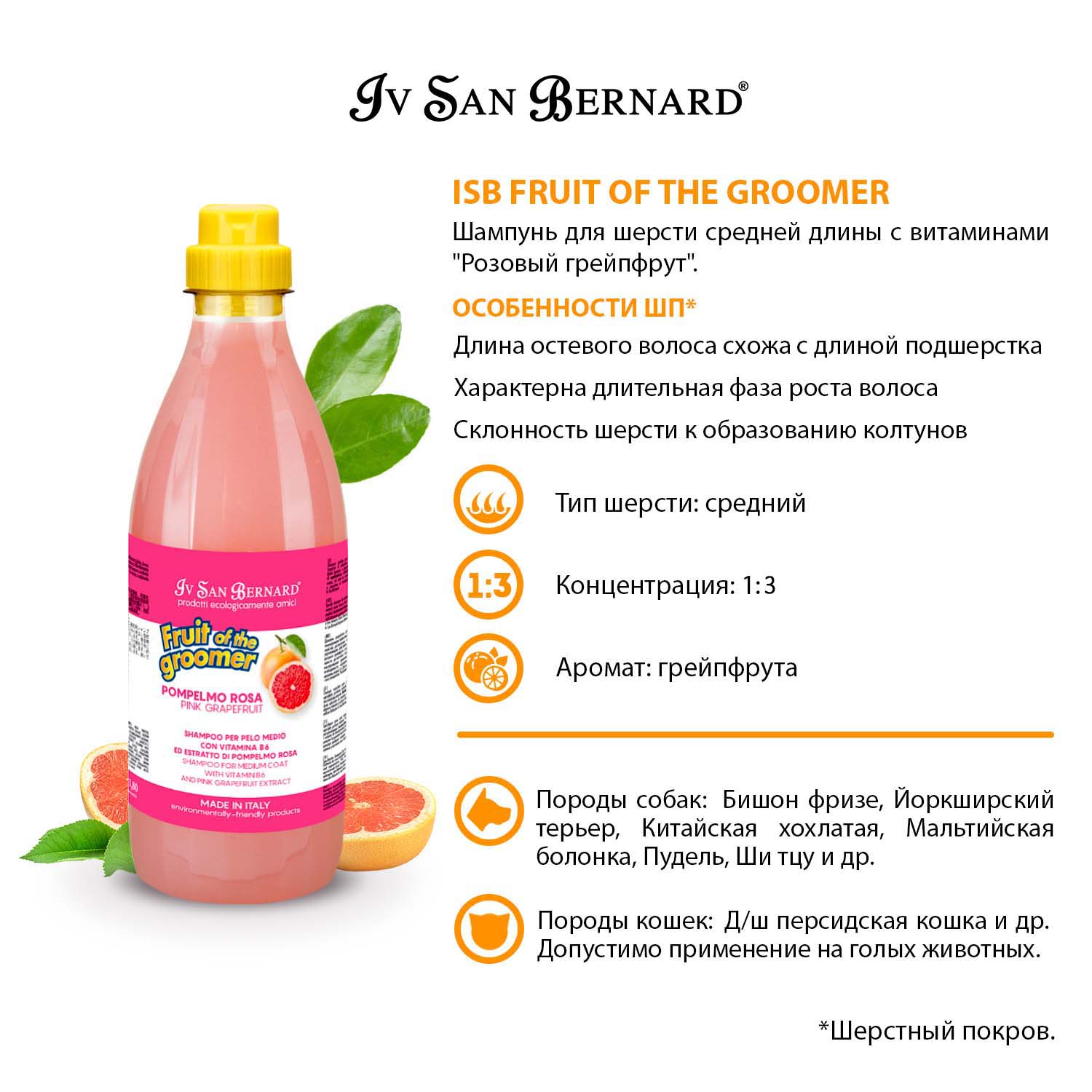 ISB Fruit of the Groomer Pink Grapefruit Шампунь для шерсти средней длины с витаминами 1 л