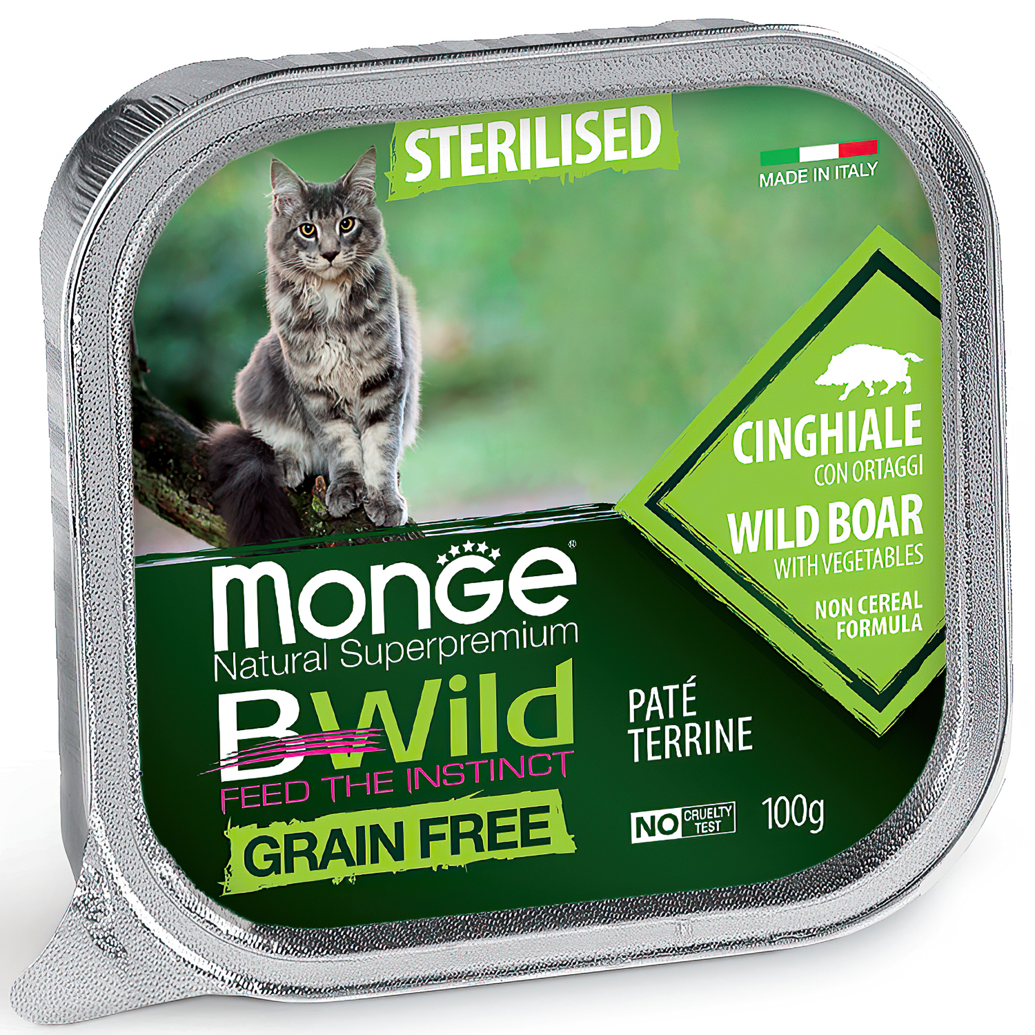 Влажный корм Monge Cat BWild GRAIN FREE для стерилизованных кошек, беззерновой, из кабана с овощами, консервы 100 г