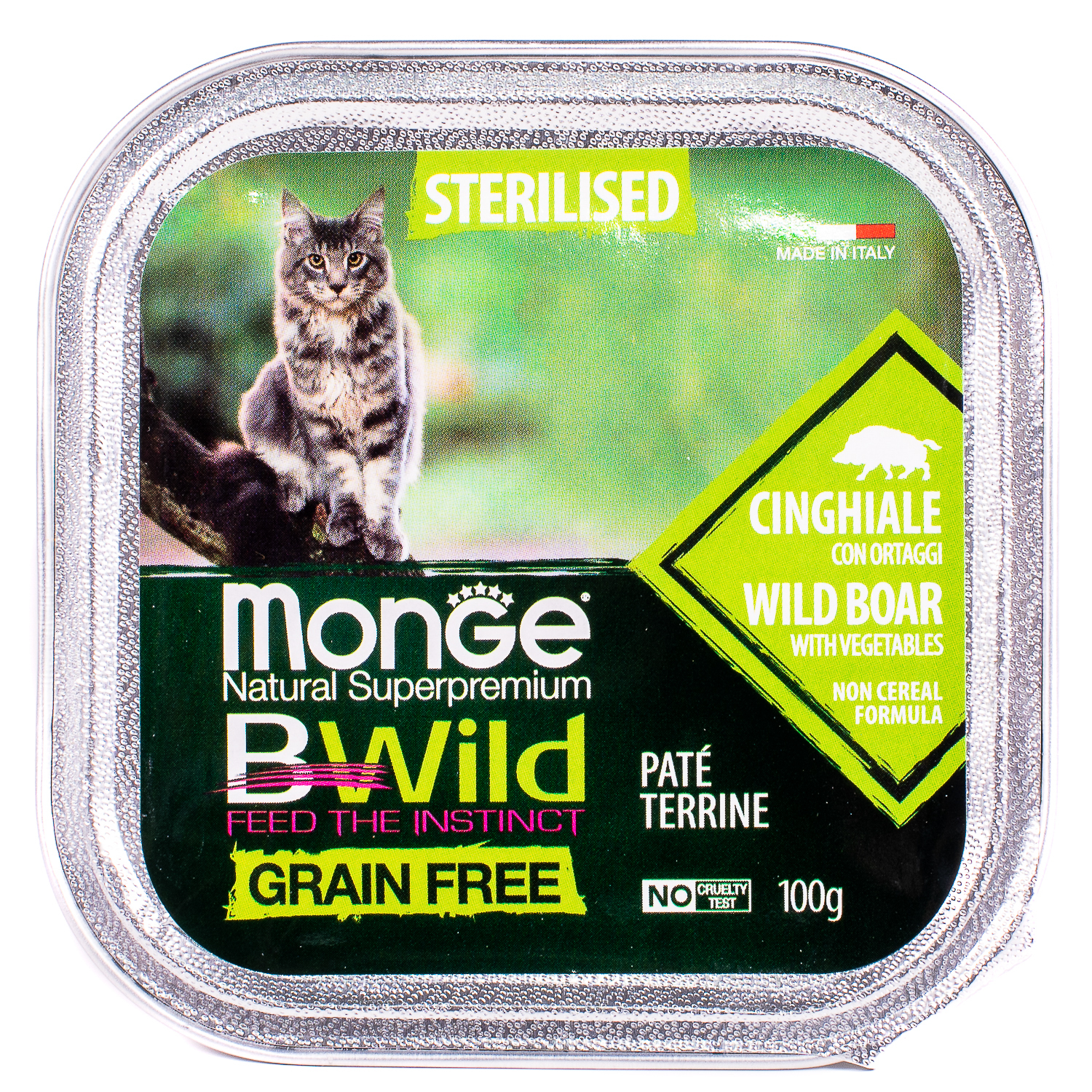 Влажный корм Monge Cat BWild GRAIN FREE для стерилизованных кошек, беззерновой, из кабана с овощами, консервы 100 г