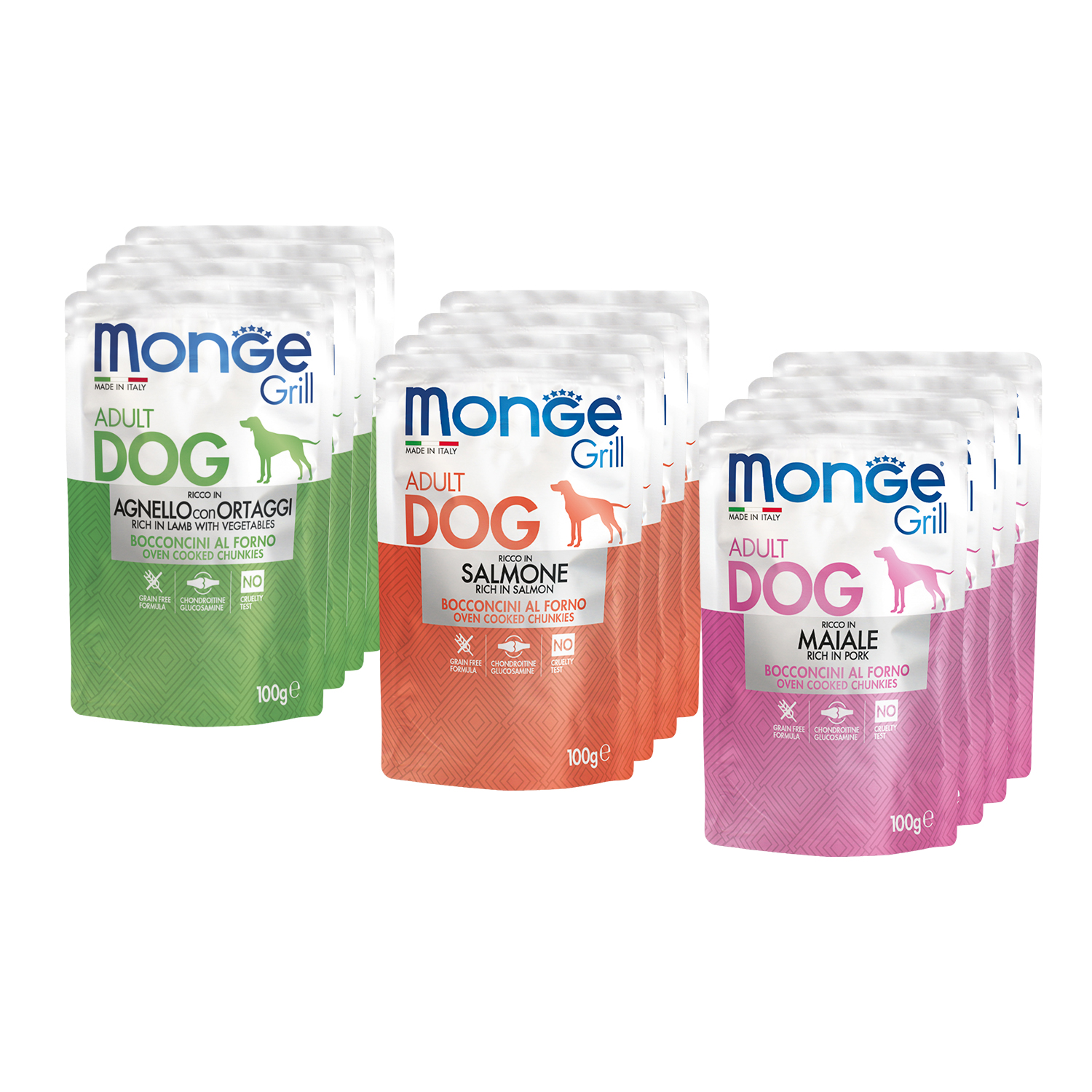 Влажный корм Monge Dog Grill для собак с лососем, со свининой, с ягненком и овощами, бокс с паучами 12 шт х 100 г