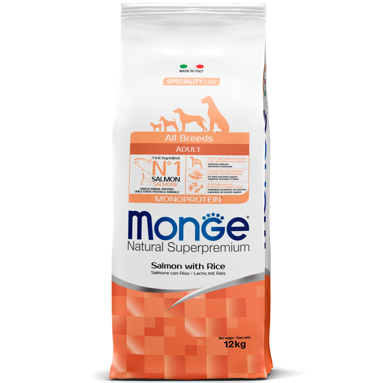 Сухой корм Monge Dog Speciality Line Monoprotein для взрослых собак всех пород, из лосося с рисом 12 кг