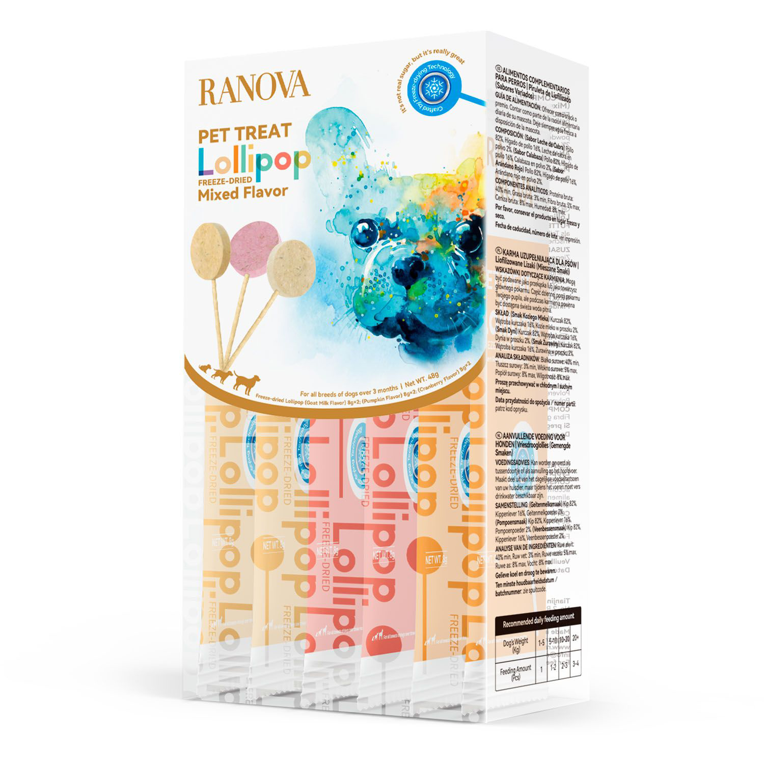 Лакомство Ranova для собак сублимированное на палочке микс вкусов: козье молоко*2; клюква*2; тыква*2, 8 г х 6 шт