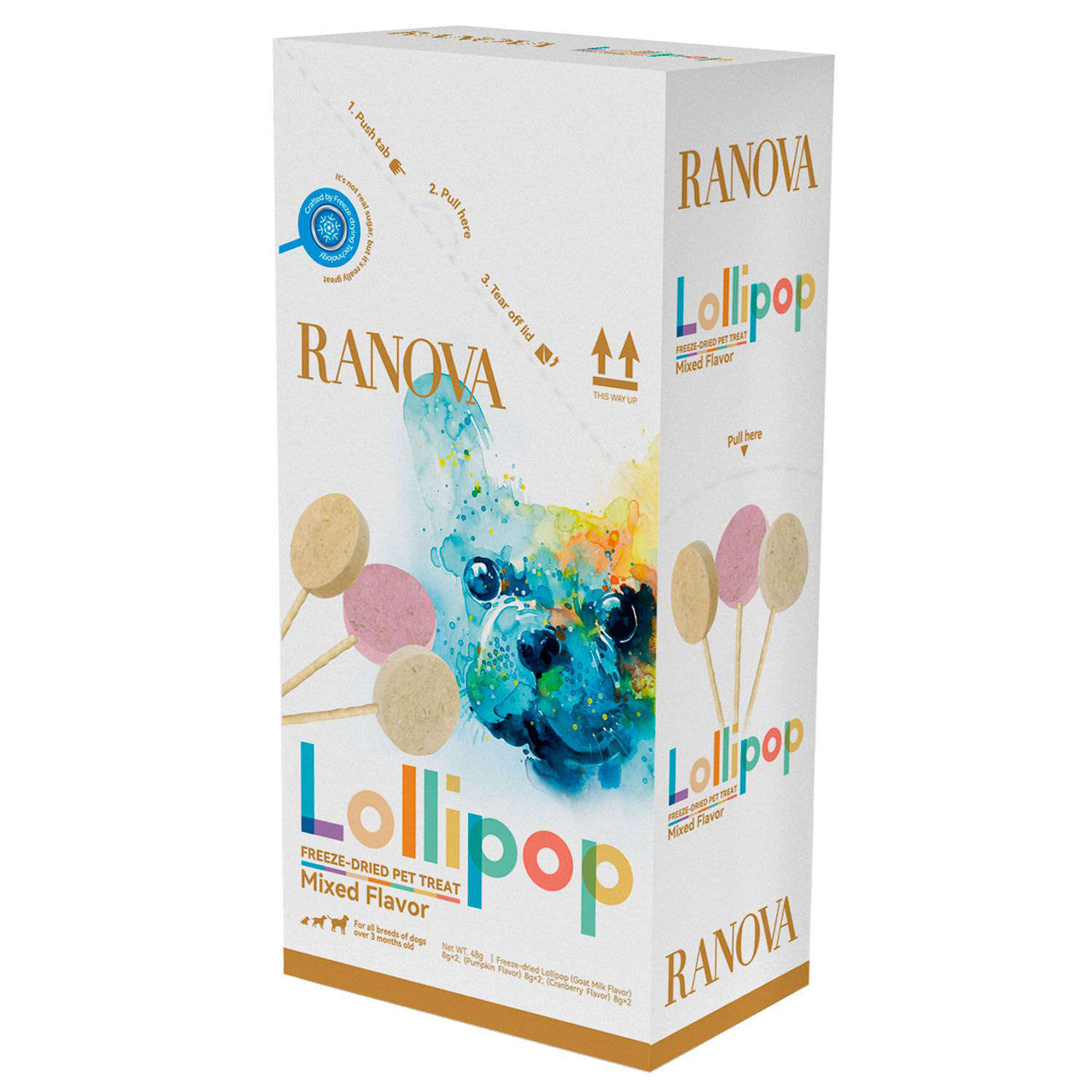 Лакомство Ranova для собак сублимированное на палочке микс вкусов: козье молоко*2; клюква*2; тыква*2, 8 г х 6 шт