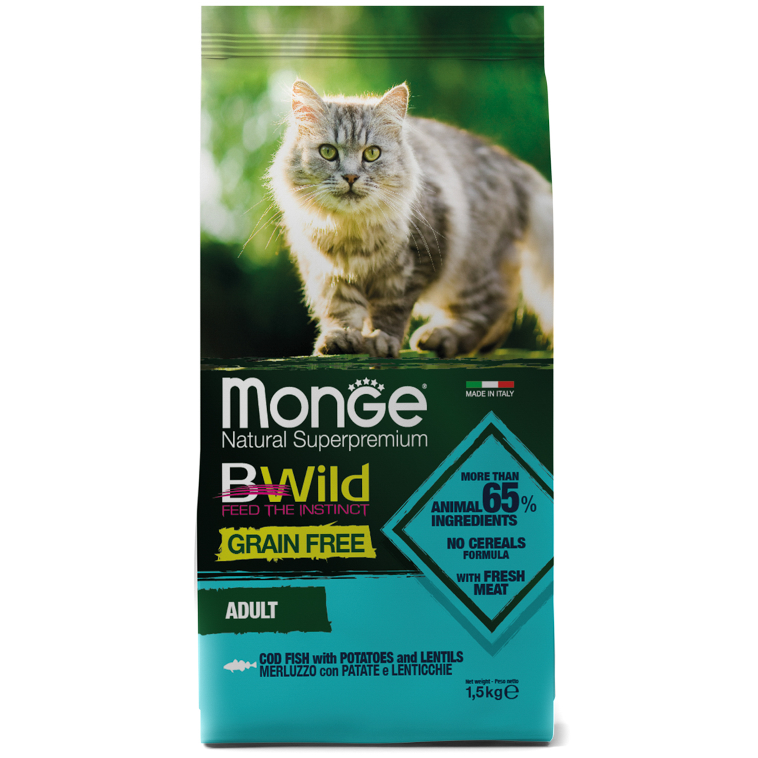 Сухой корм Monge Cat BWild GRAIN FREE для взрослых кошек, беззерновой, из трески 1,5 кг