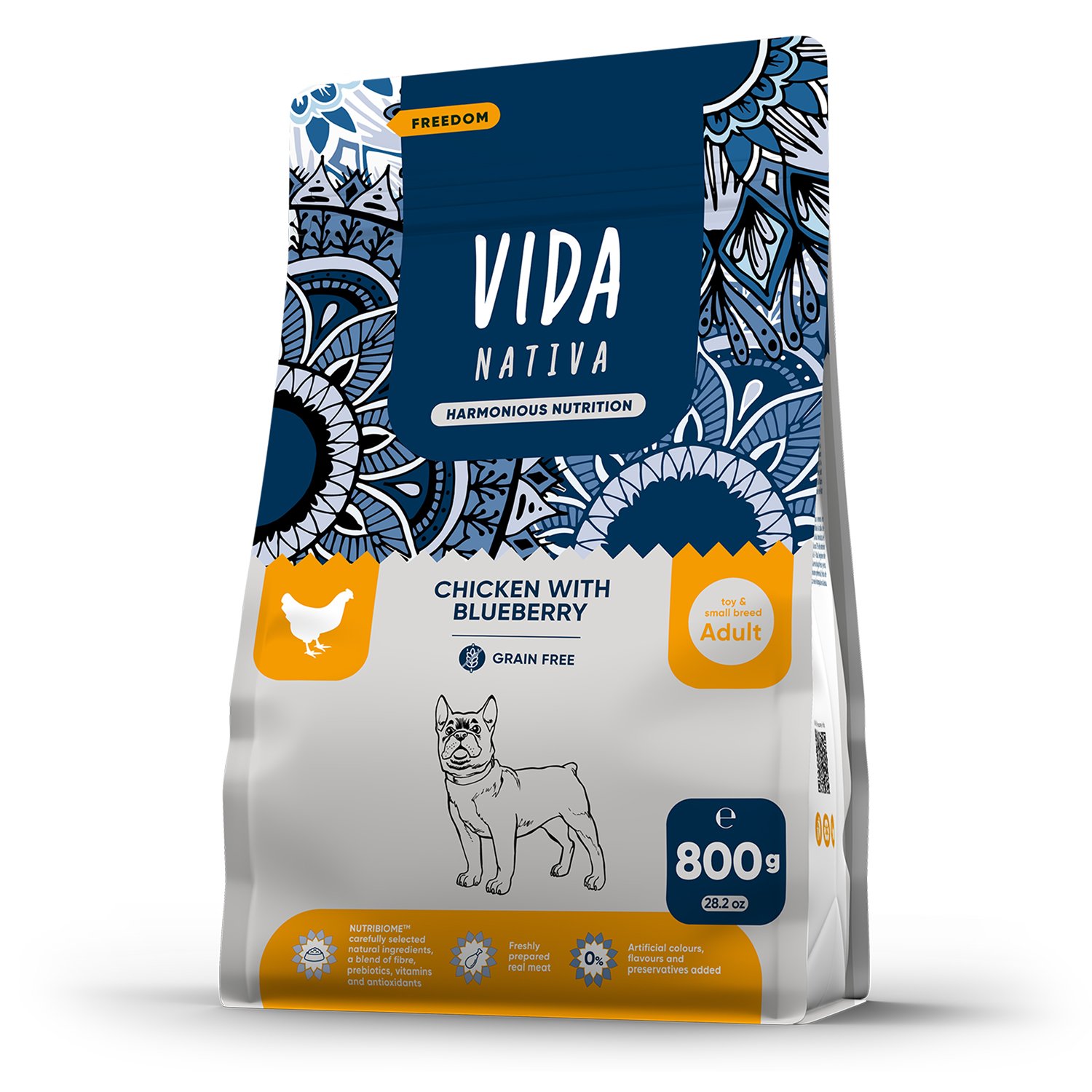Сухой корм VIDA NATIVA для взрослых собак миниатюрных и мелких пород из курицы с черникой 800 г