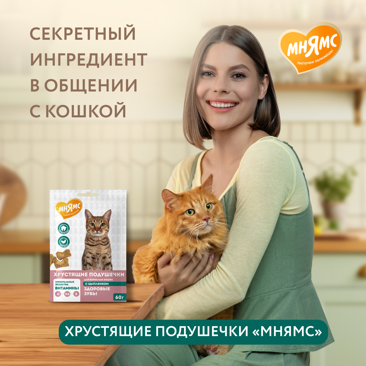 Лакомство Мнямс "Здоровые зубы" хрустящие подушечки для кошек с цыпленком 60 г.