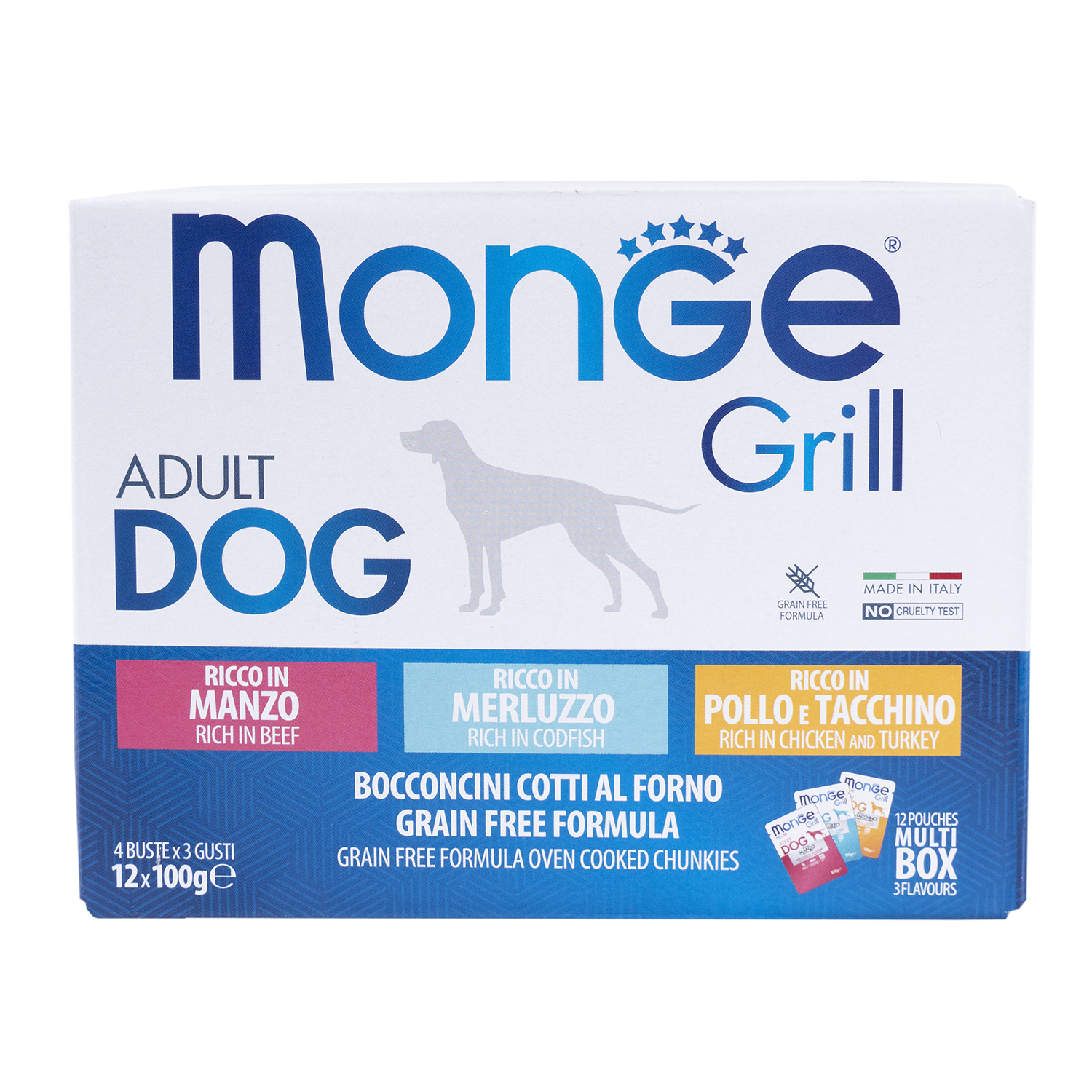 Влажный корм Monge Dog Grill для собак с говядиной, с треской, с курицей и индейкой, бокс с паучами 12 шт х 100 г