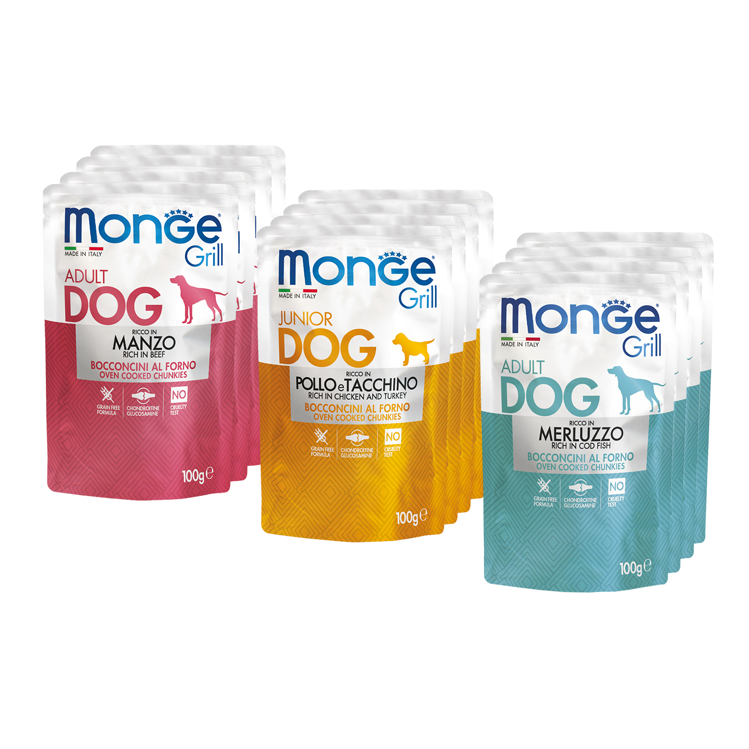 Влажный корм Monge Dog Grill для собак с говядиной, с треской, с курицей и индейкой, бокс с паучами 12 шт х 100 г