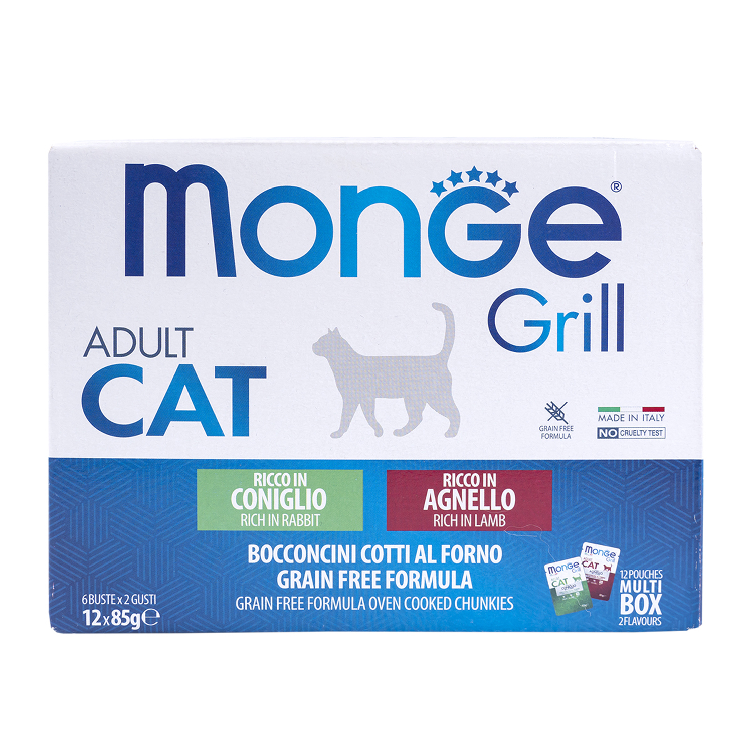 Влажный корм Monge Cat Grill для стерилизованных кошек с кроликом, с ягненком, бокс с паучами 12 шт х 85 г