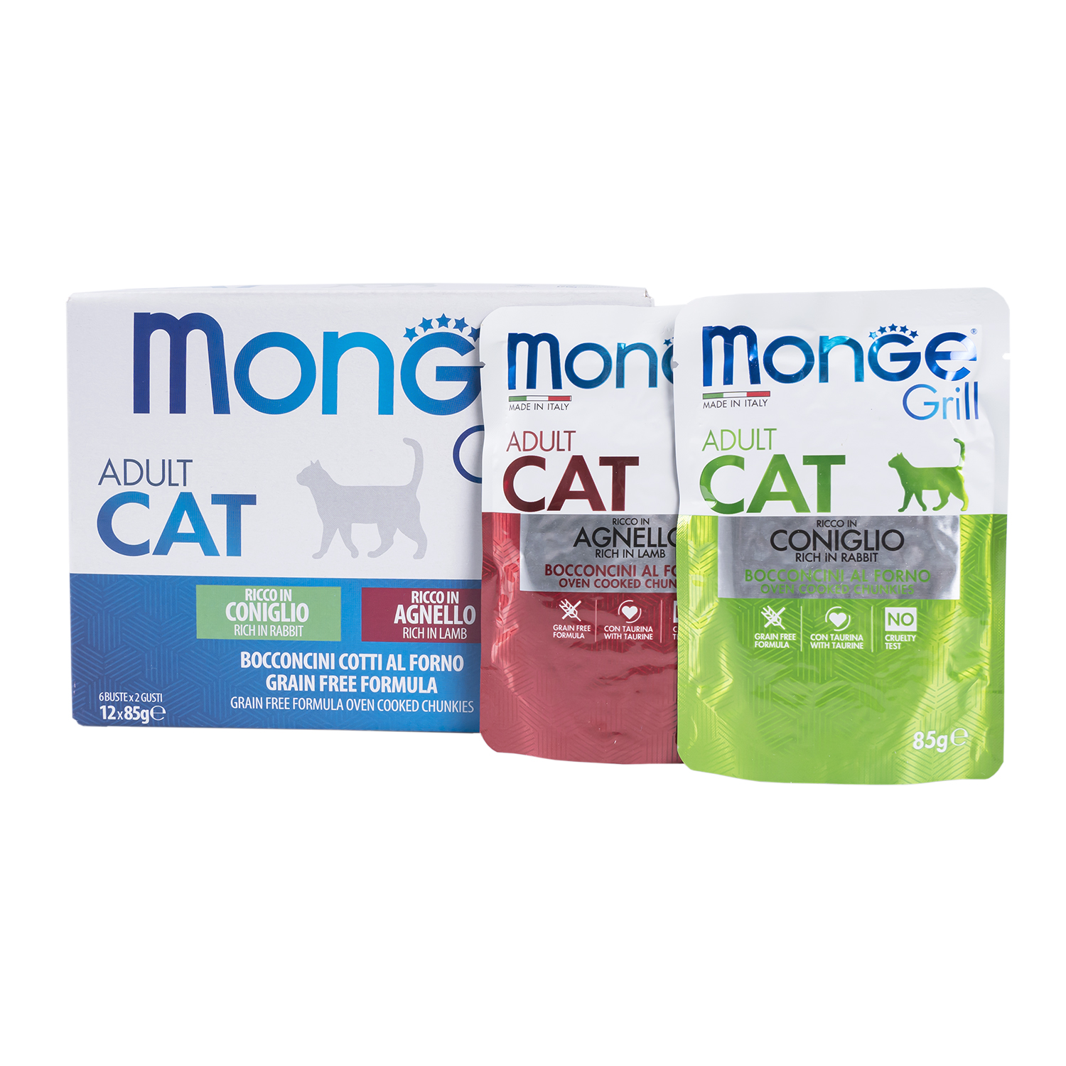 Влажный корм Monge Cat Grill для стерилизованных кошек с кроликом, с ягненком, бокс с паучами 12 шт х 85 г