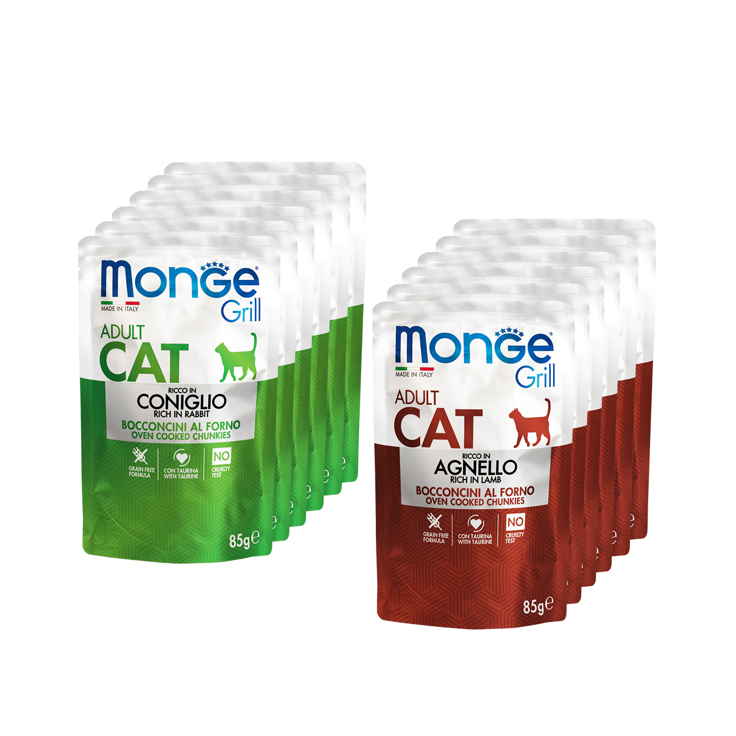 Влажный корм Monge Cat Grill для стерилизованных кошек с кроликом, с ягненком, бокс с паучами 12 шт х 85 г