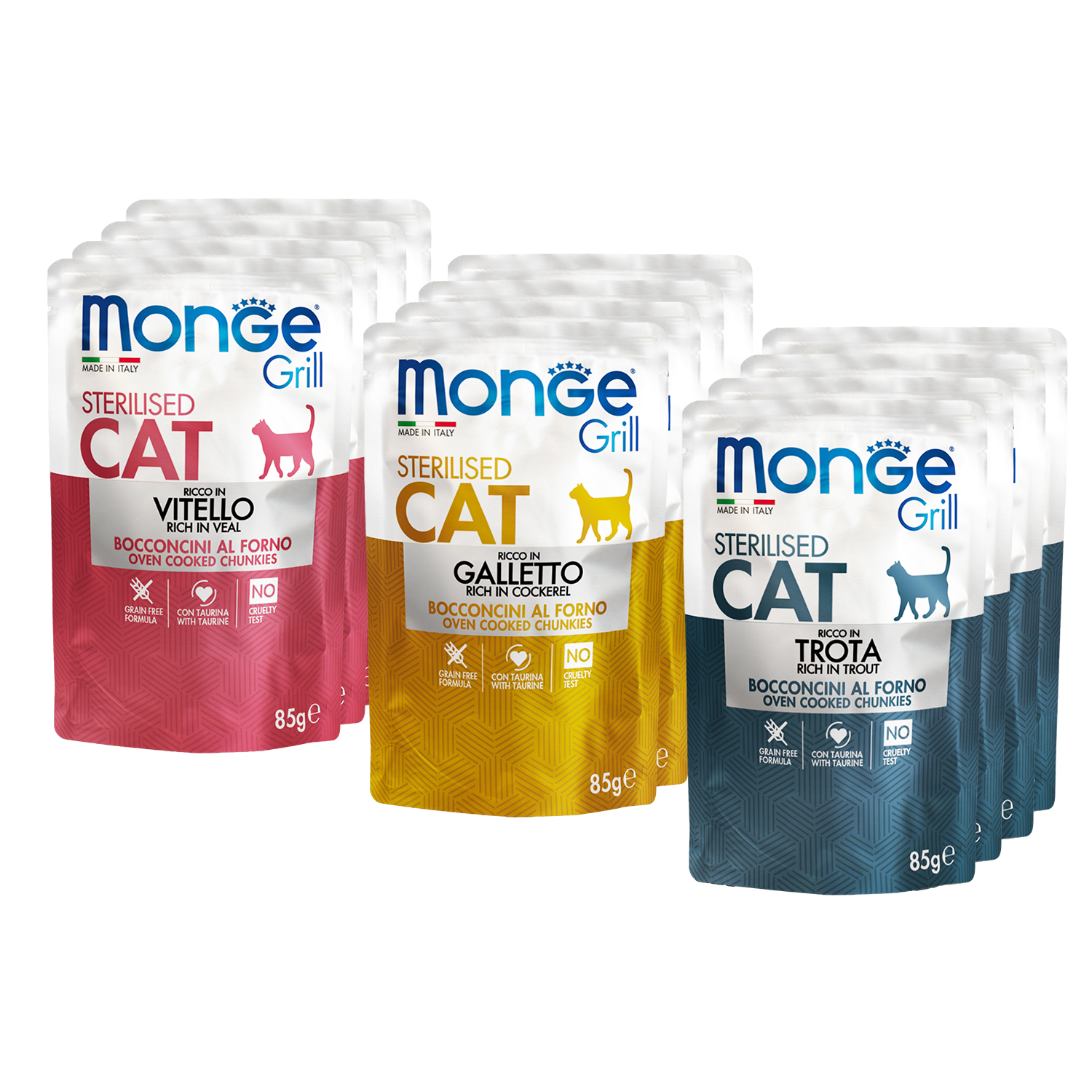 Влажный корм Monge Cat Grill для стерилизованных кошек с телятиной, с курицей, с форелью, бокс с паучами 12 шт х 85 г