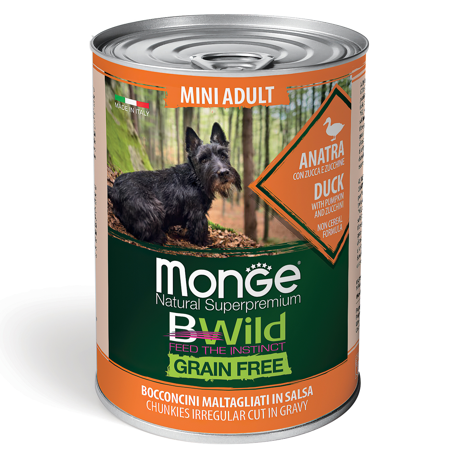Влажный корм Monge Dog BWild GRAIN FREE Mini для взрослых собак мелких пород, беззерновой, из утки с тыквой и кабачками, консервы 400 г