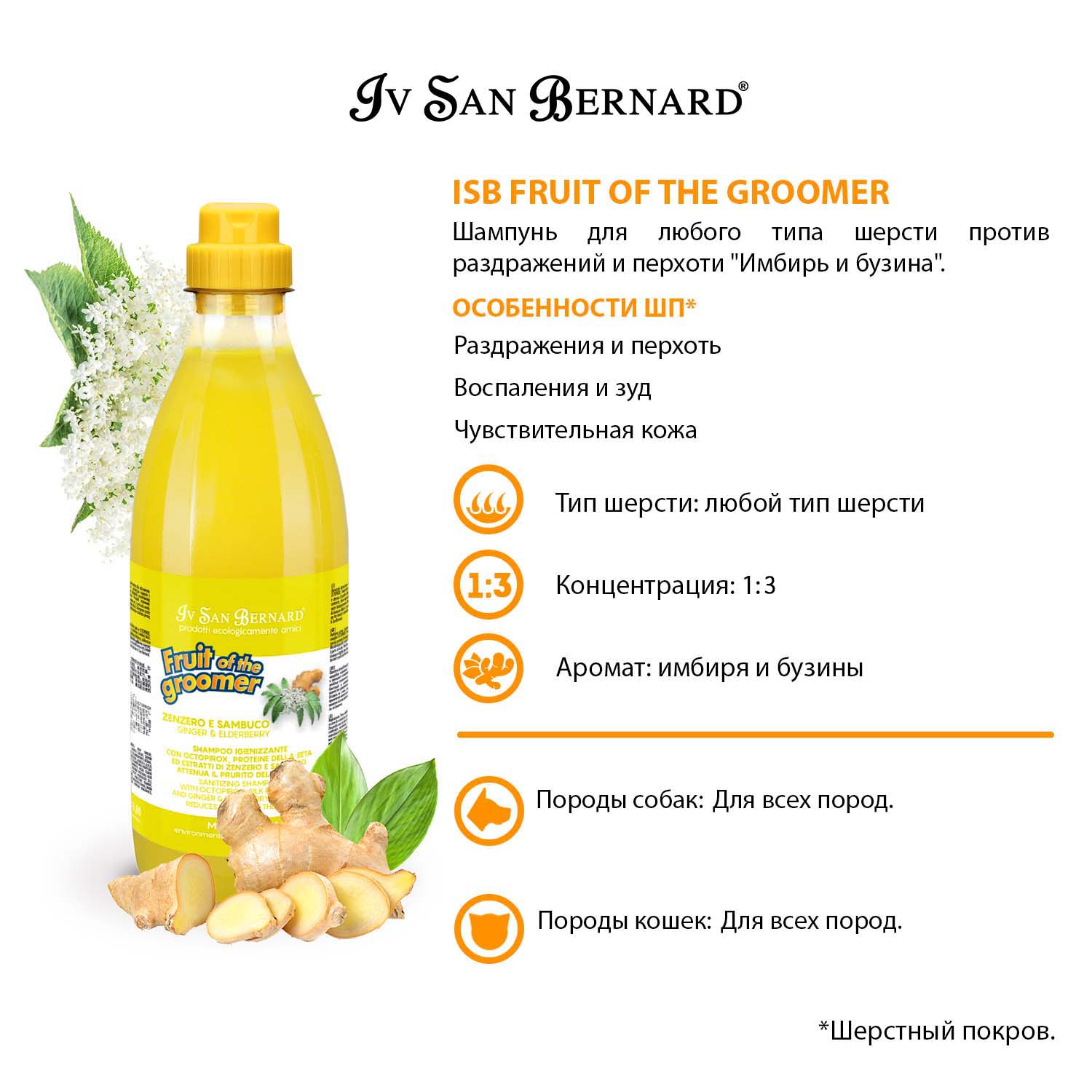 ISB Fruit of the Groomer Ginger&Elderbery Шампунь для любого типа шерсти против раздражений и перхоти 1 л