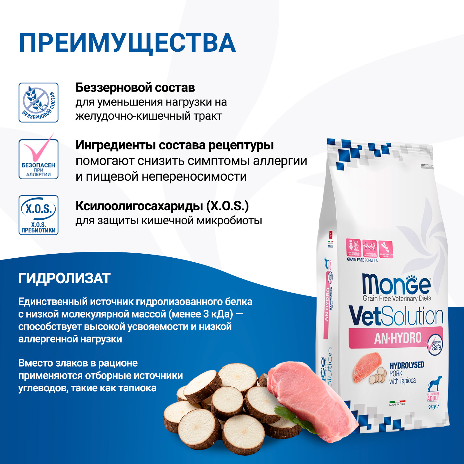 Диетический корм Monge VetSolution Dog An-Hydro ан-гидро для собак при пищевой непереносимости 9 кг