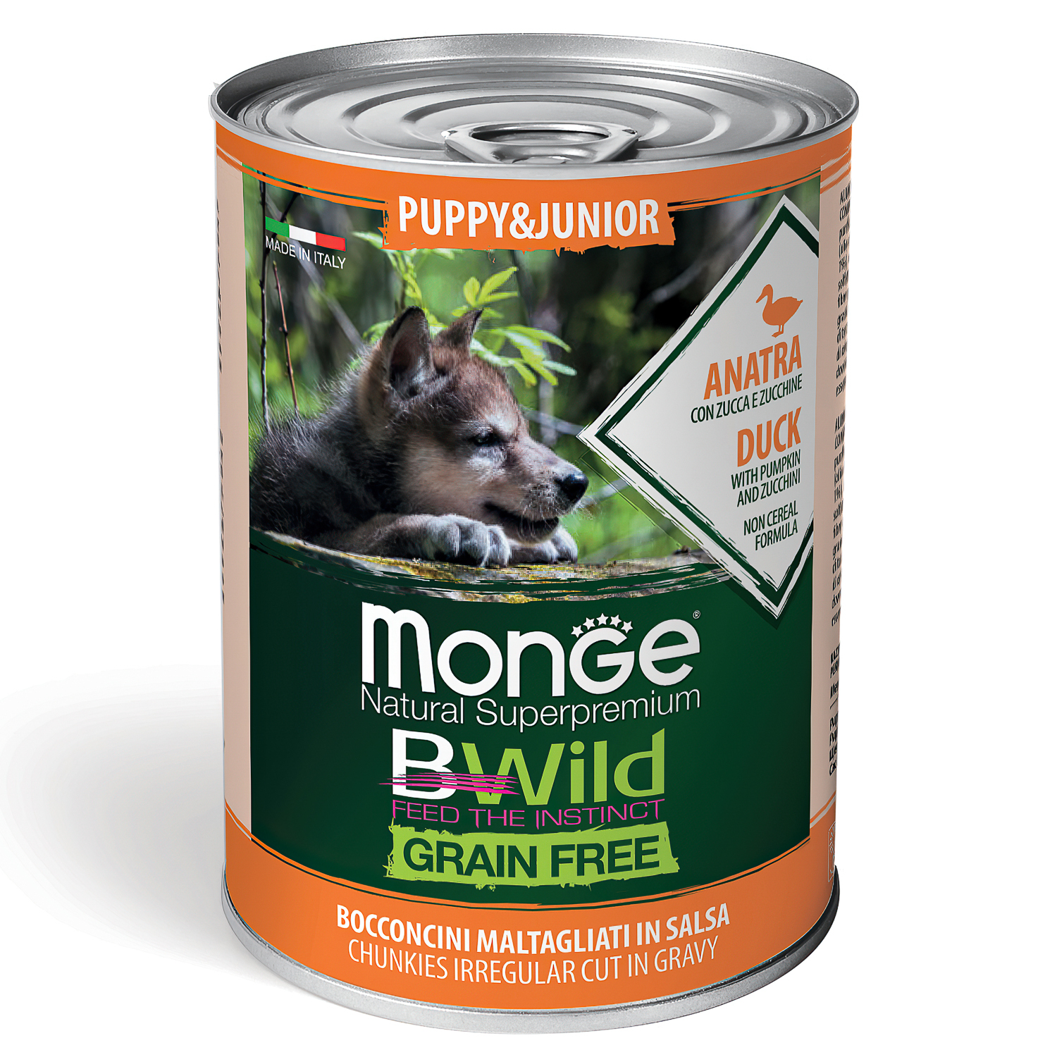 Влажный корм Monge Dog BWild GRAIN FREE Puppy&Junior для щенков и беременных собак, беззерновой, из утки с тыквой и кабачками, консервы 400 г