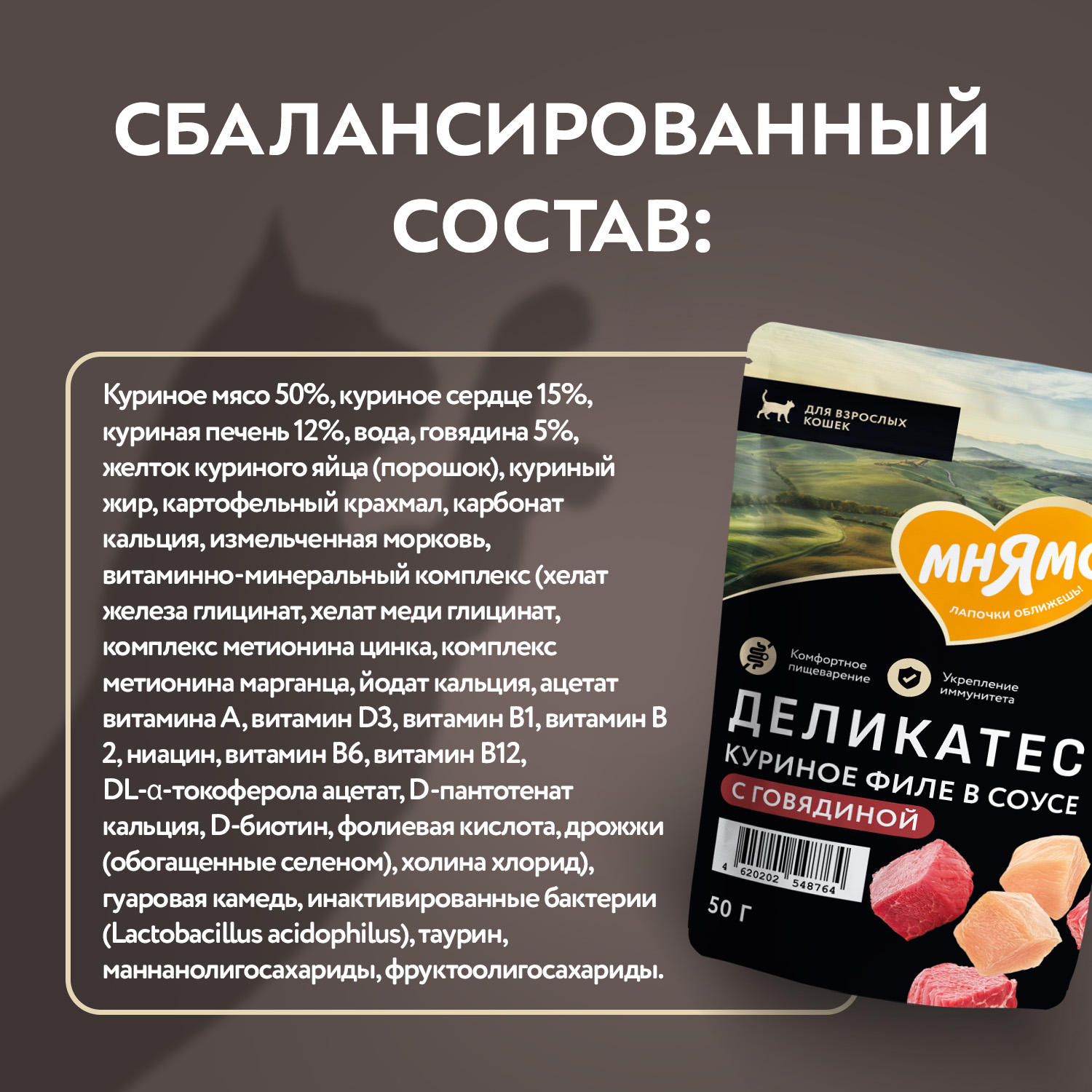 Влажный корм Мнямс Деликатес Куриное филе с говядиной в соусе для кошек 50 г