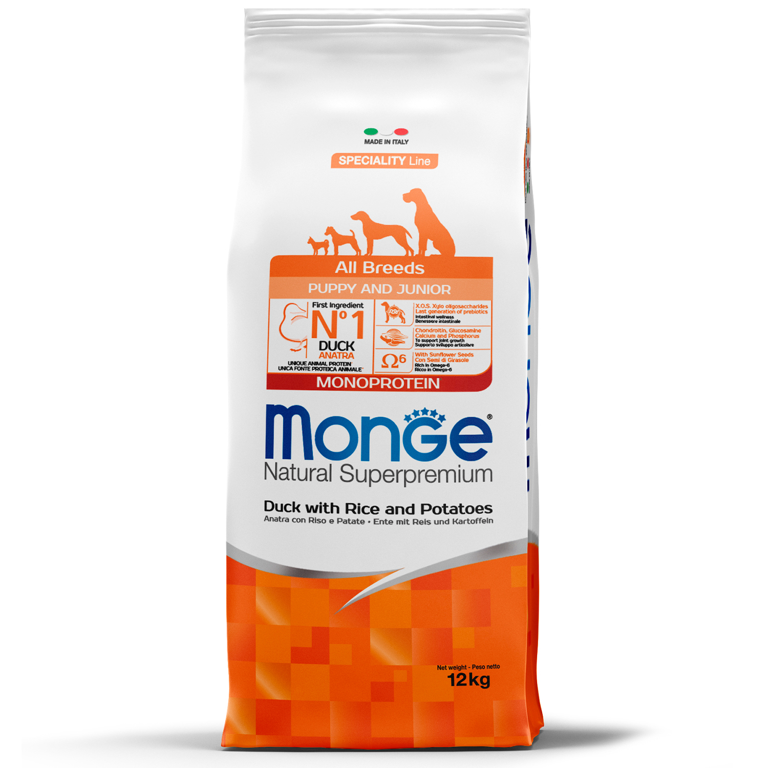 Сухой корм Monge Dog Speciality Line Monoprotein для щенков всех пород, из утки с рисом и картофелем 12 кг