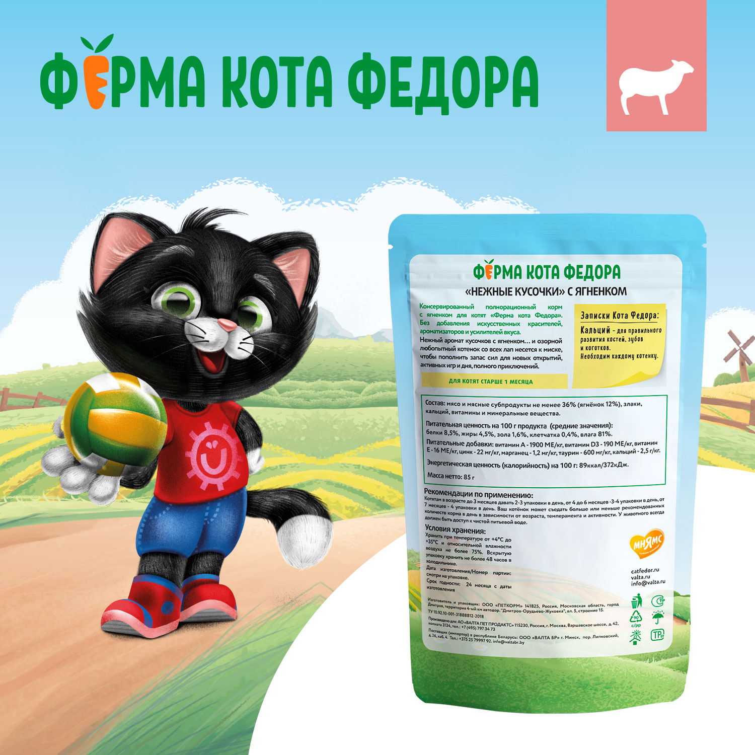 Влажный корм Ферма кота Фёдора нежные кусочки в желе с ягненком для котят 85г