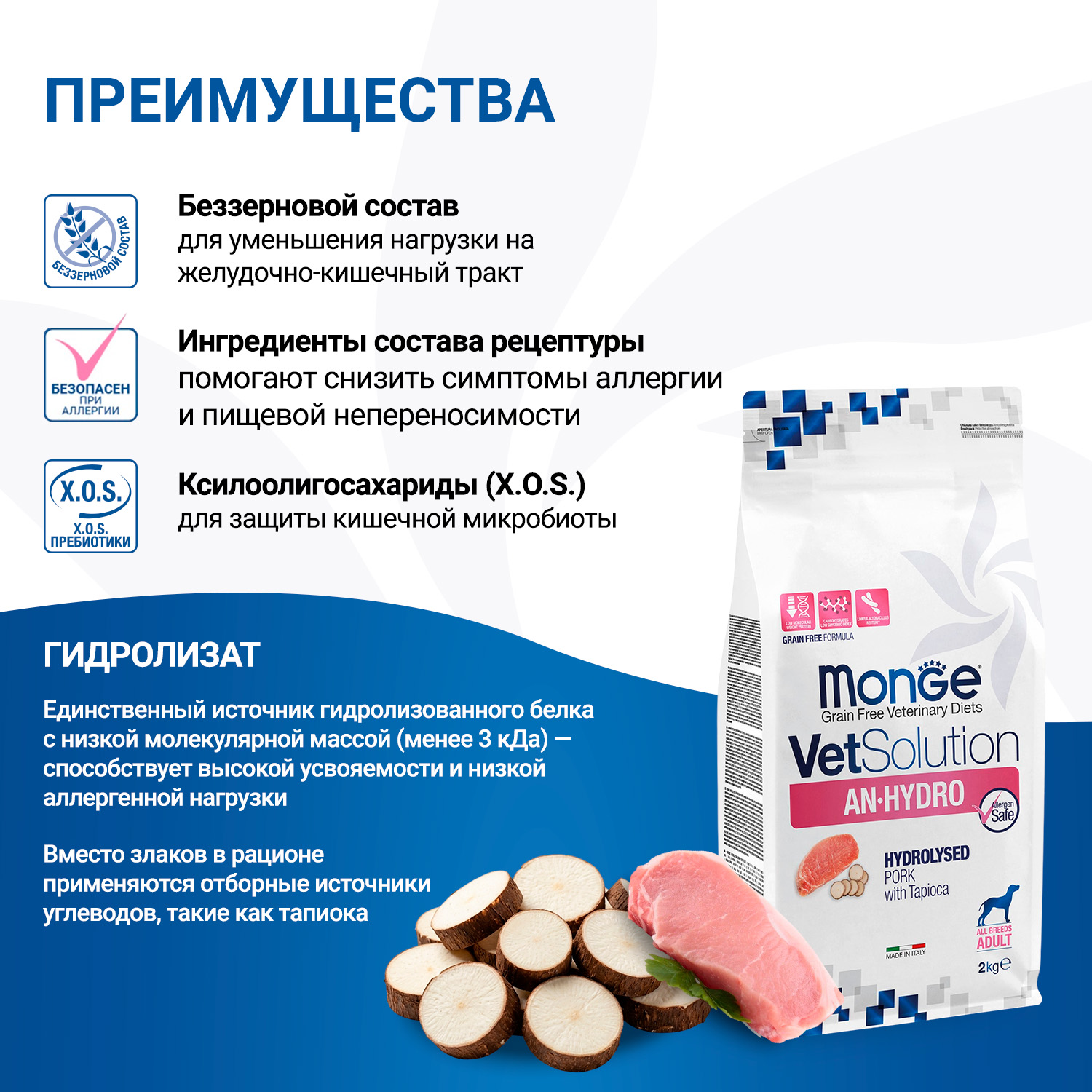 Диетический корм Monge VetSolution Dog An-Hydro ан-гидро для собак при пищевой непереносимости 2 кг