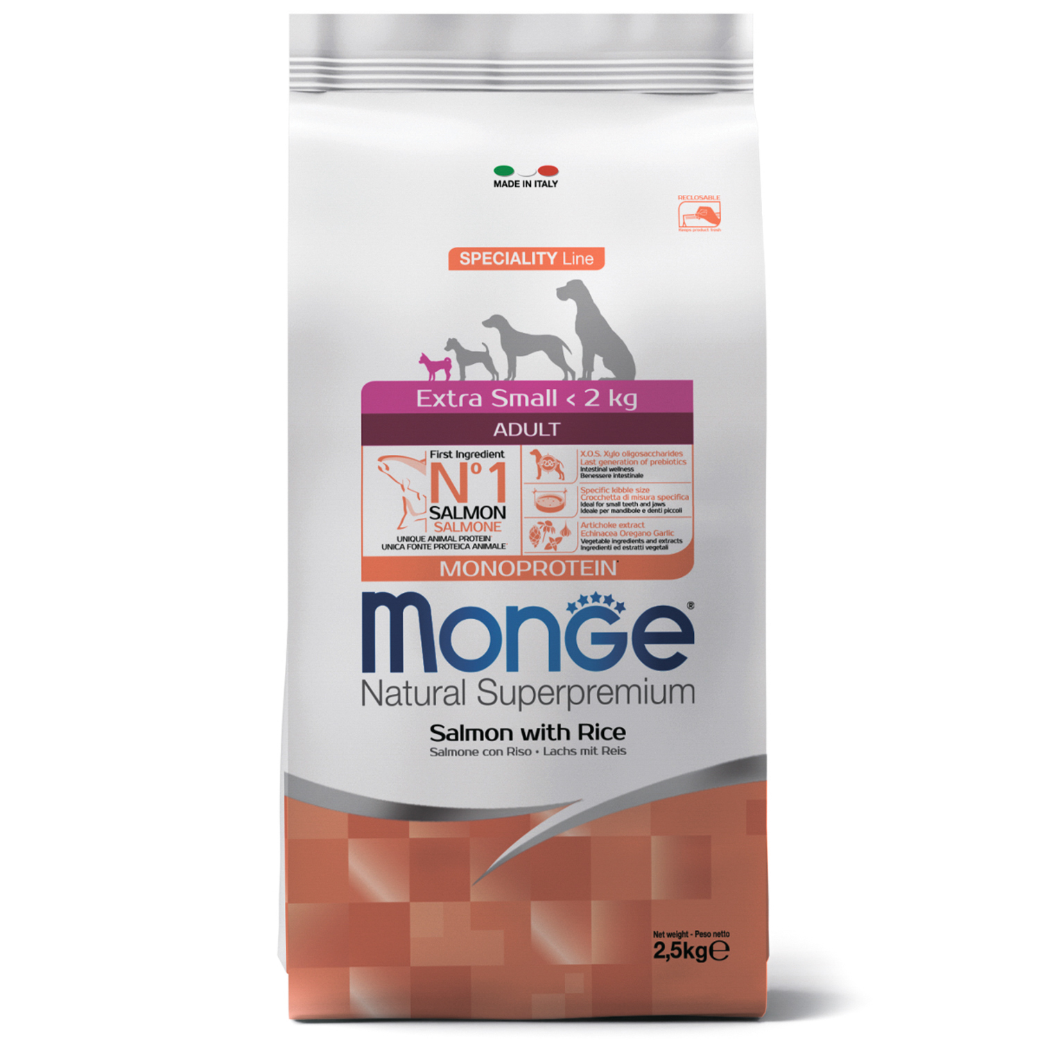 Сухой корм Monge Dog Speciality Line Monoprotein Extra Small для взрослых собак миниатюрных пород, с лососем и рисом 2,5 кг