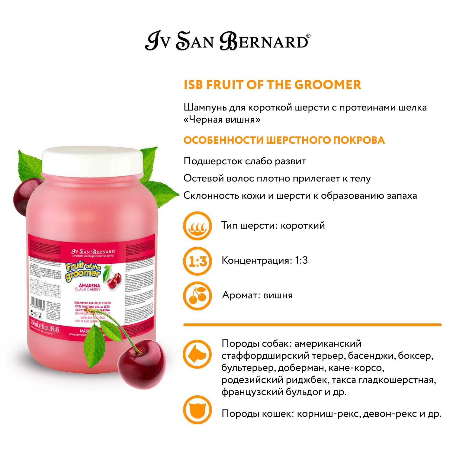 ISB Fruit of the Groomer Black Cherry Шампунь для короткой шерсти с протеинами шелка 3,25 л