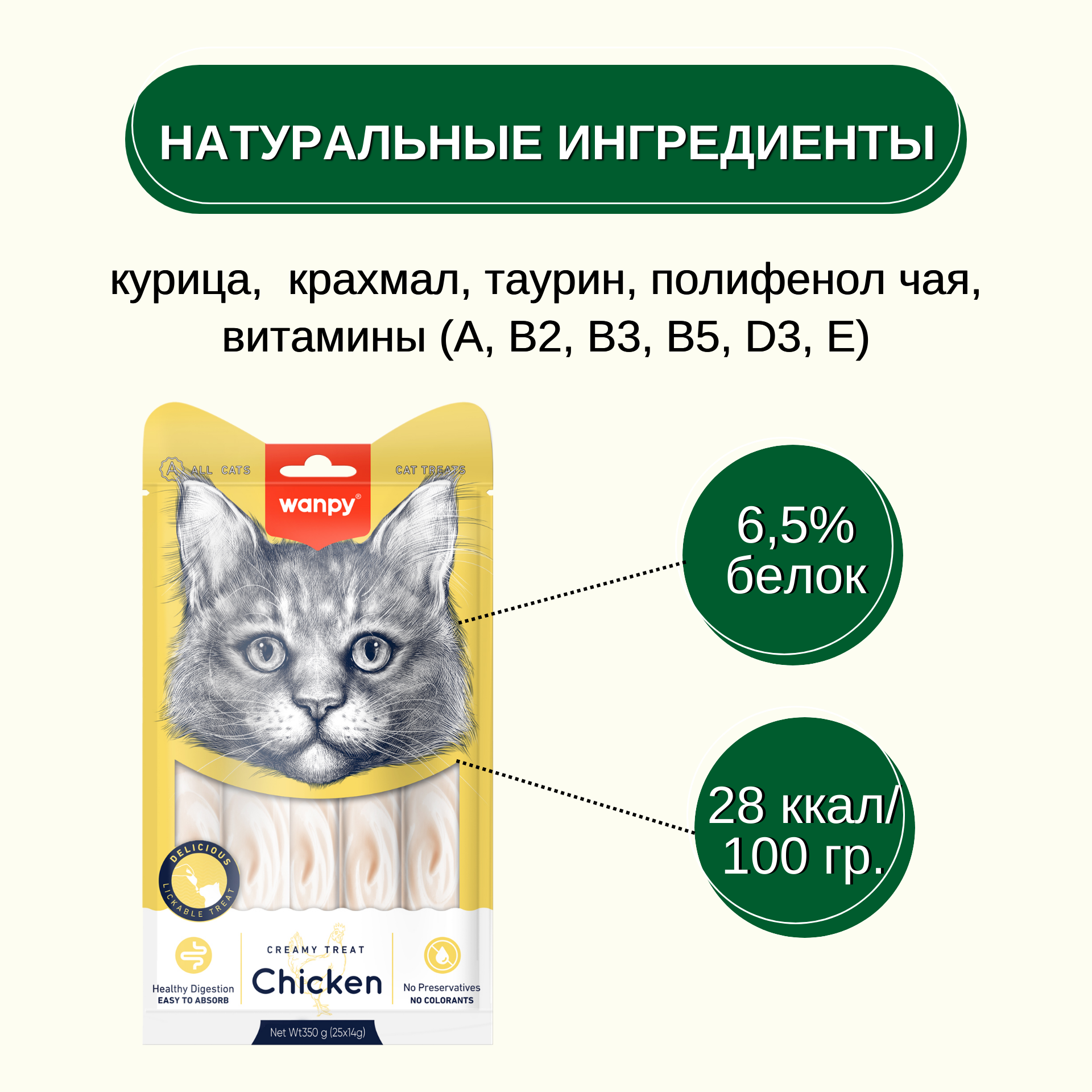Wanpy Cat Лакомство для кошек "нежное пюре" из курицы 25 шт х14 г