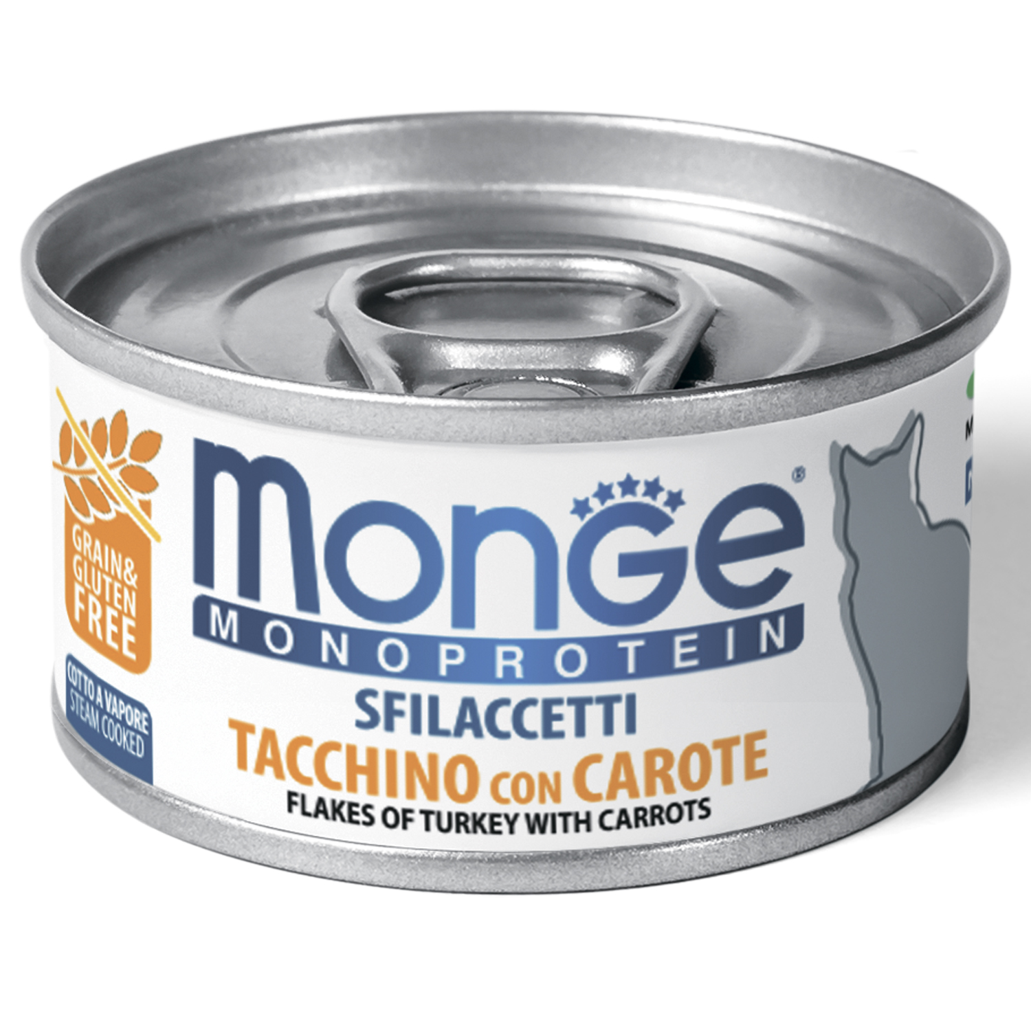 Влажный корм Monge Cat Monoprotein для кошек, мясные хлопья из индейки с морковью, консервы 80 г