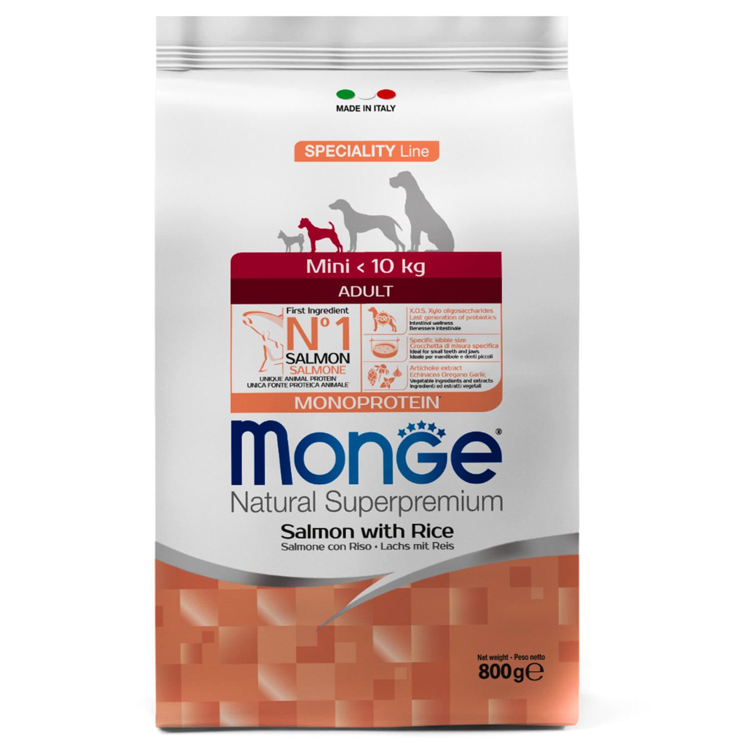 Сухой корм Monge Dog Speciality Line Monoprotein Mini для взрослых собак мелких пород, из лосося с рисом 800 г