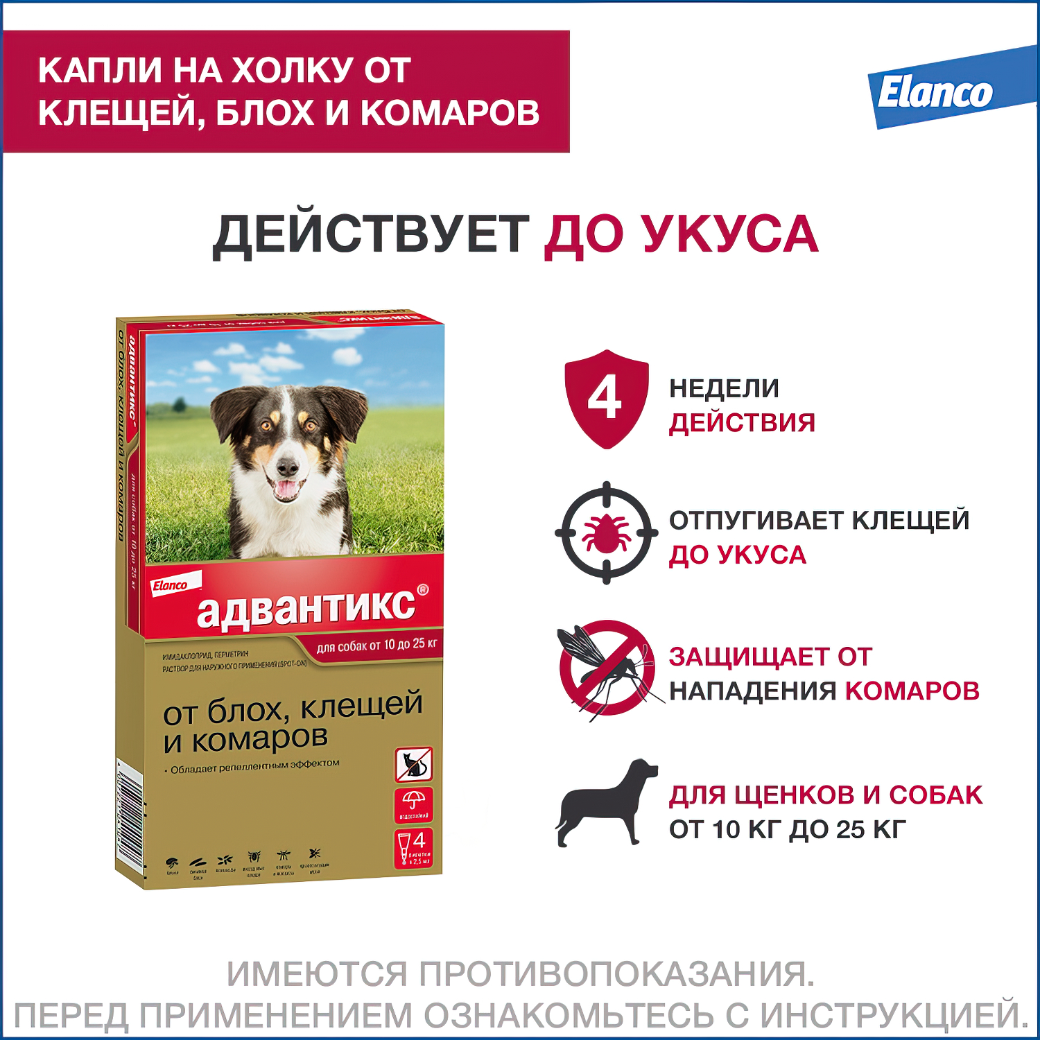 Bayer Адвантикс 250 С для собак 10-25 кг от блох, клещей и комаров (4 пипетки х 2,5 мл)