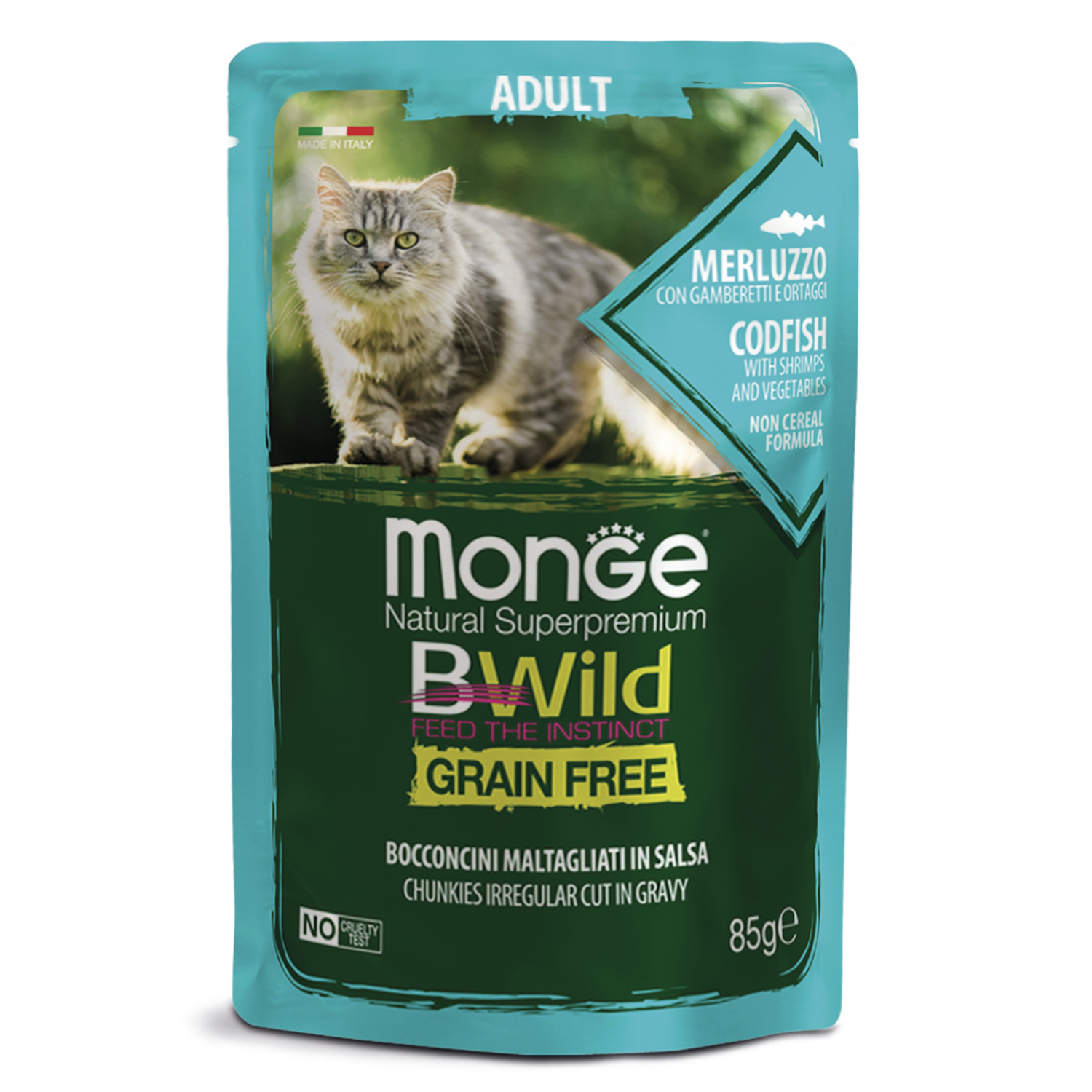 Влажный корм Monge Cat BWild GRAIN FREE для взрослых кошек, беззерновой, из трески с креветками и овощами, паучи 85 г
