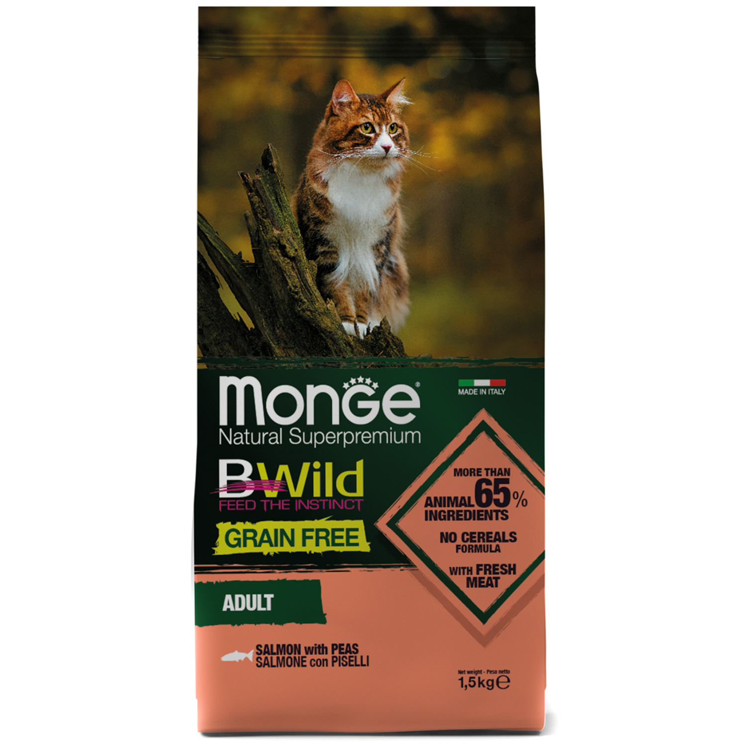 Сухой корм Monge Cat BWild GRAIN FREE для кошек, из лосося, беззерновой, 1,5 кг