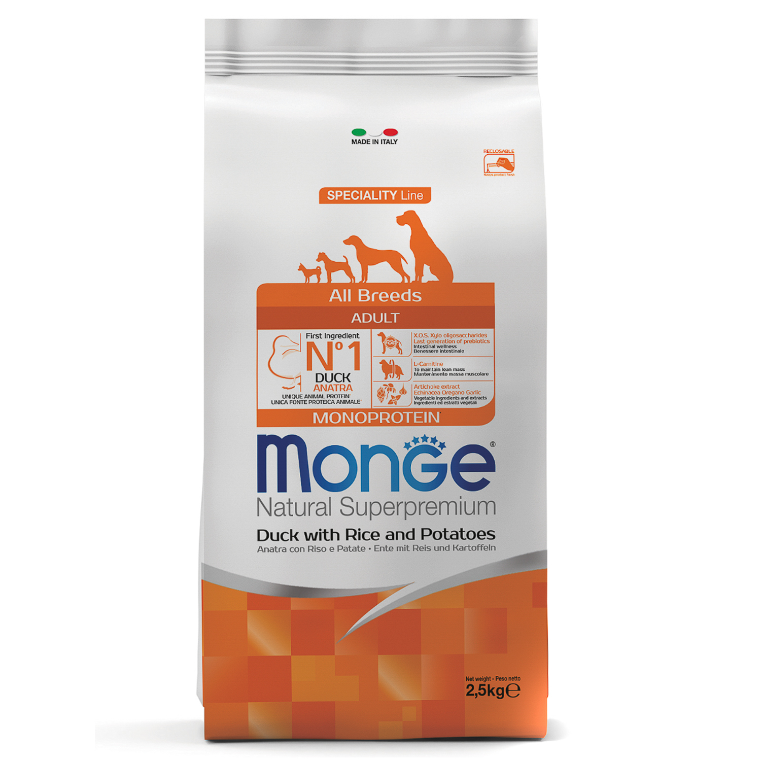 Monge Dog Monoprotein корм для собак всех пород утка с рисом и картофелем 2,5 кг