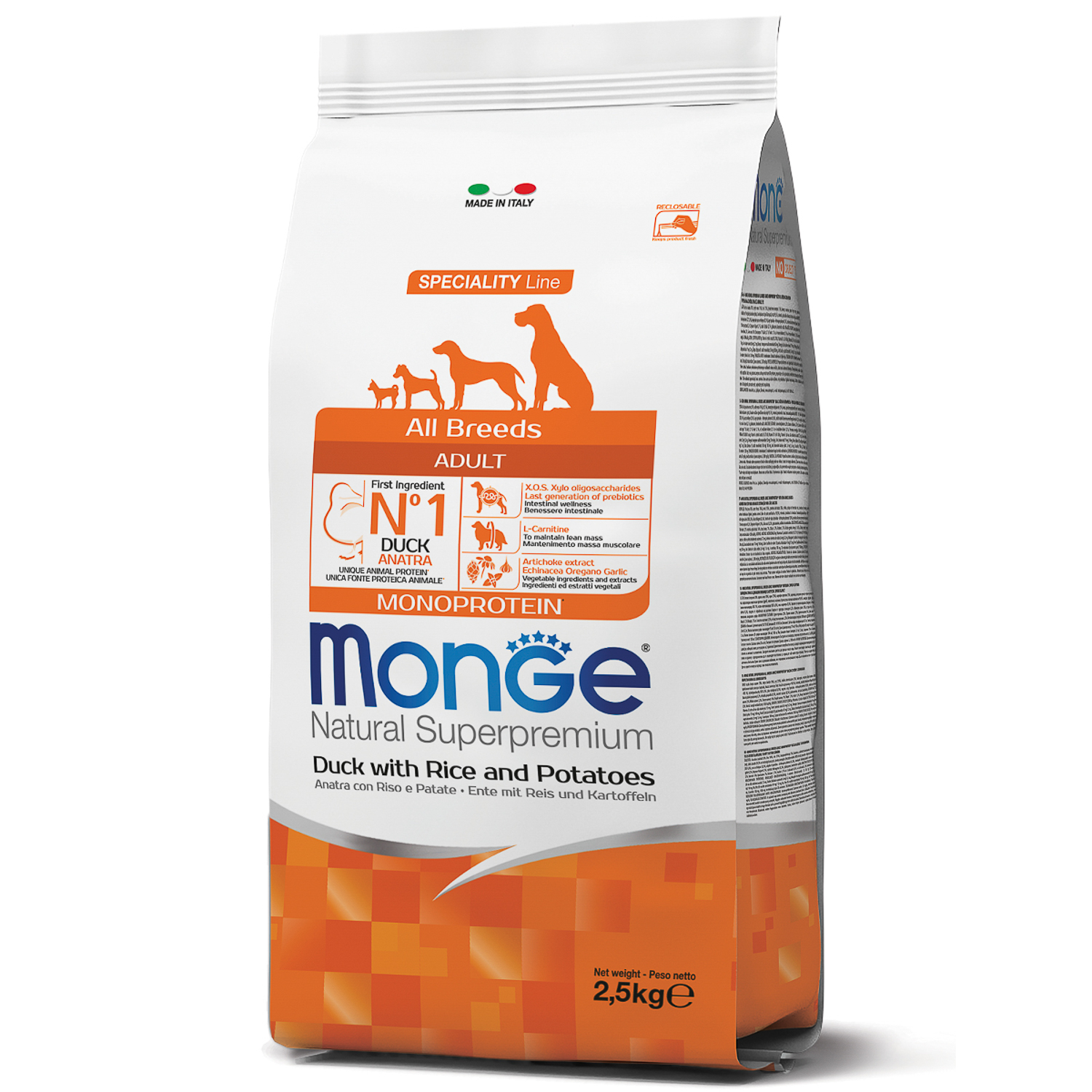 Сухой корм Monge Dog Speciality Line Monoprotein для взрослых собак всех пород, из утки с рисом и картофелем 2,5 кг