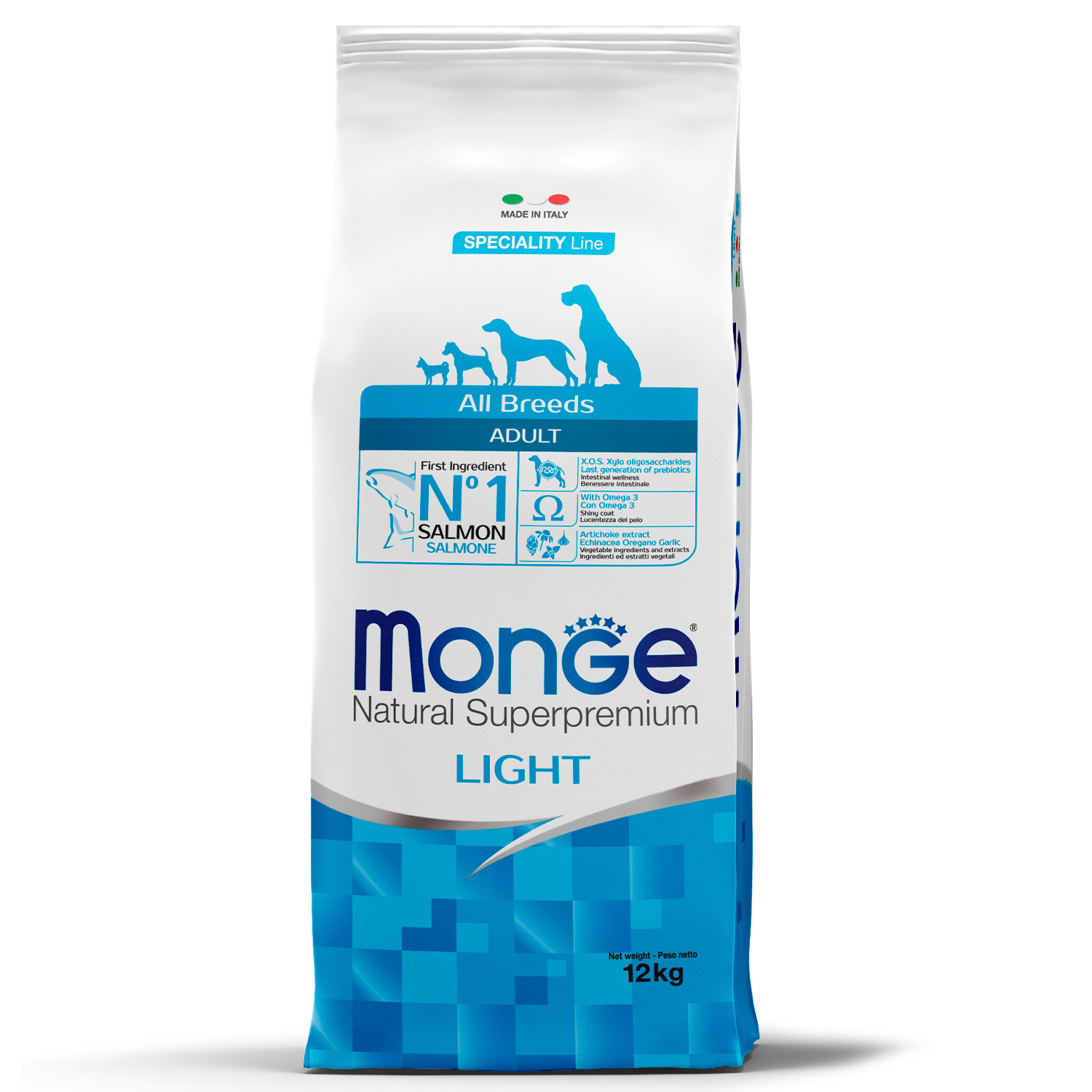 Cухой корм Monge Dog Speciality Line Light корм для взрослых собак всех пород, низкокалорийный, лосось с рисом 12 кг