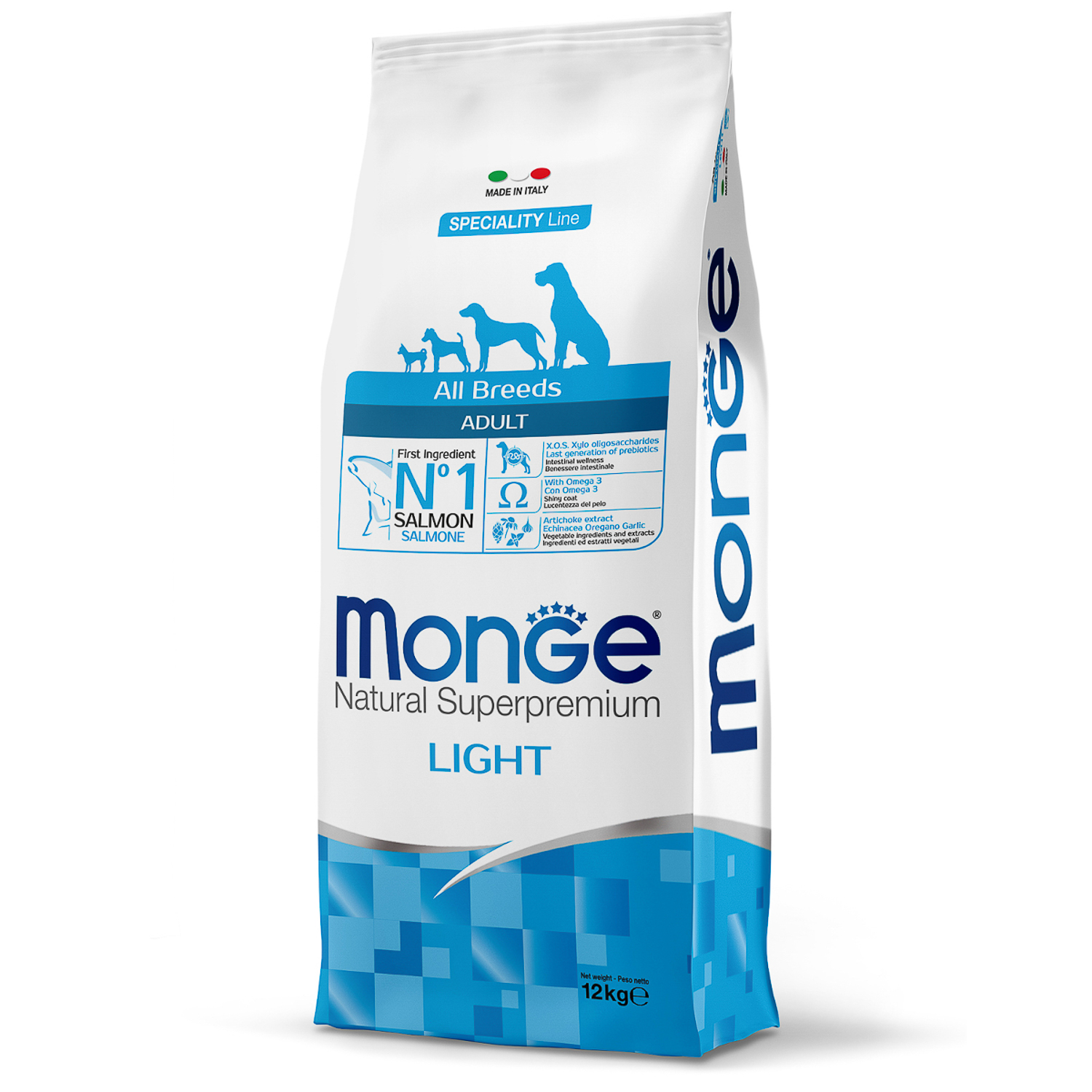 Cухой корм Monge Dog Speciality Line Light корм для взрослых собак всех пород, низкокалорийный, лосось с рисом 12 кг